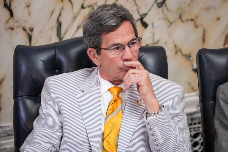 Del. Jay Jacobs (left), an Eastern Shore Republican, sits in the Maryland State House during Sine Die, the final day of the 2024 General Assembly Session in Annapolis, on April 8, 2024. Any bill that doesn’t get passed by midnight on Sine Die is dead, and lawmakers will need to address it next year.
