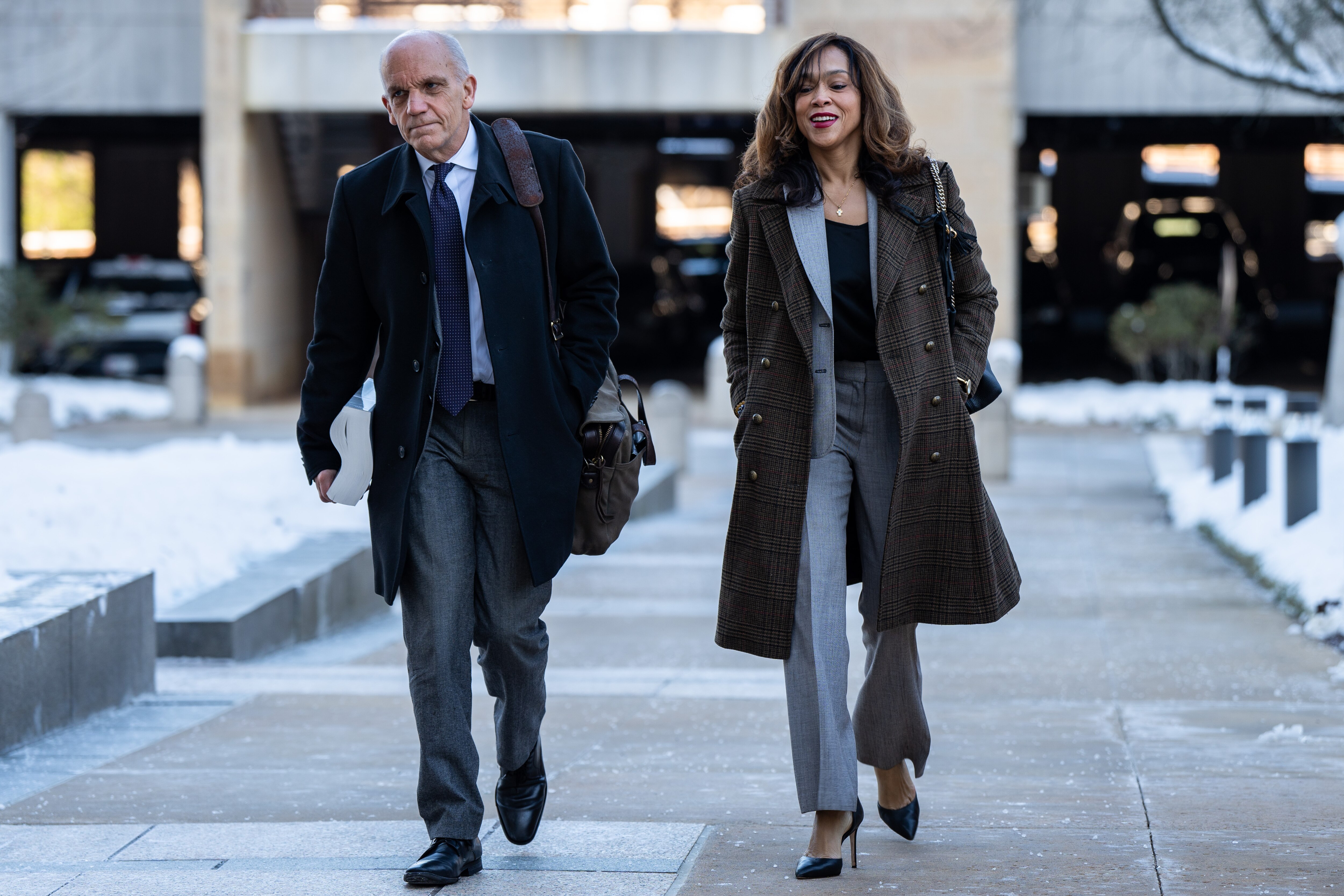 Former Baltimore State’s Attorney Marilyn Mosby walks with one of her attorneys, Federal Public Defender James Wyda, to the U.S. District Court in Greenbelt, Md. for the first day of jury selection on Wednesday, Jan. 17, 2024. Mosby is standing trial on two counts of making a false statement on a loan application.