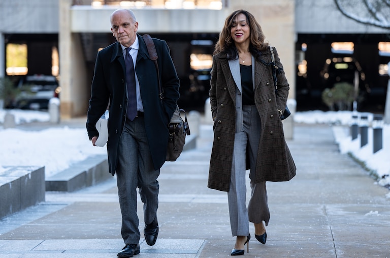 Former Baltimore State’s Attorney Marilyn Mosby walks with one of her attorneys, Federal Public Defender James Wyda, to the U.S. District Court in Greenbelt, Md. for the first day of jury selection on Wednesday, Jan. 17, 2024. Mosby is standing trial on two counts of making a false statement on a loan application.