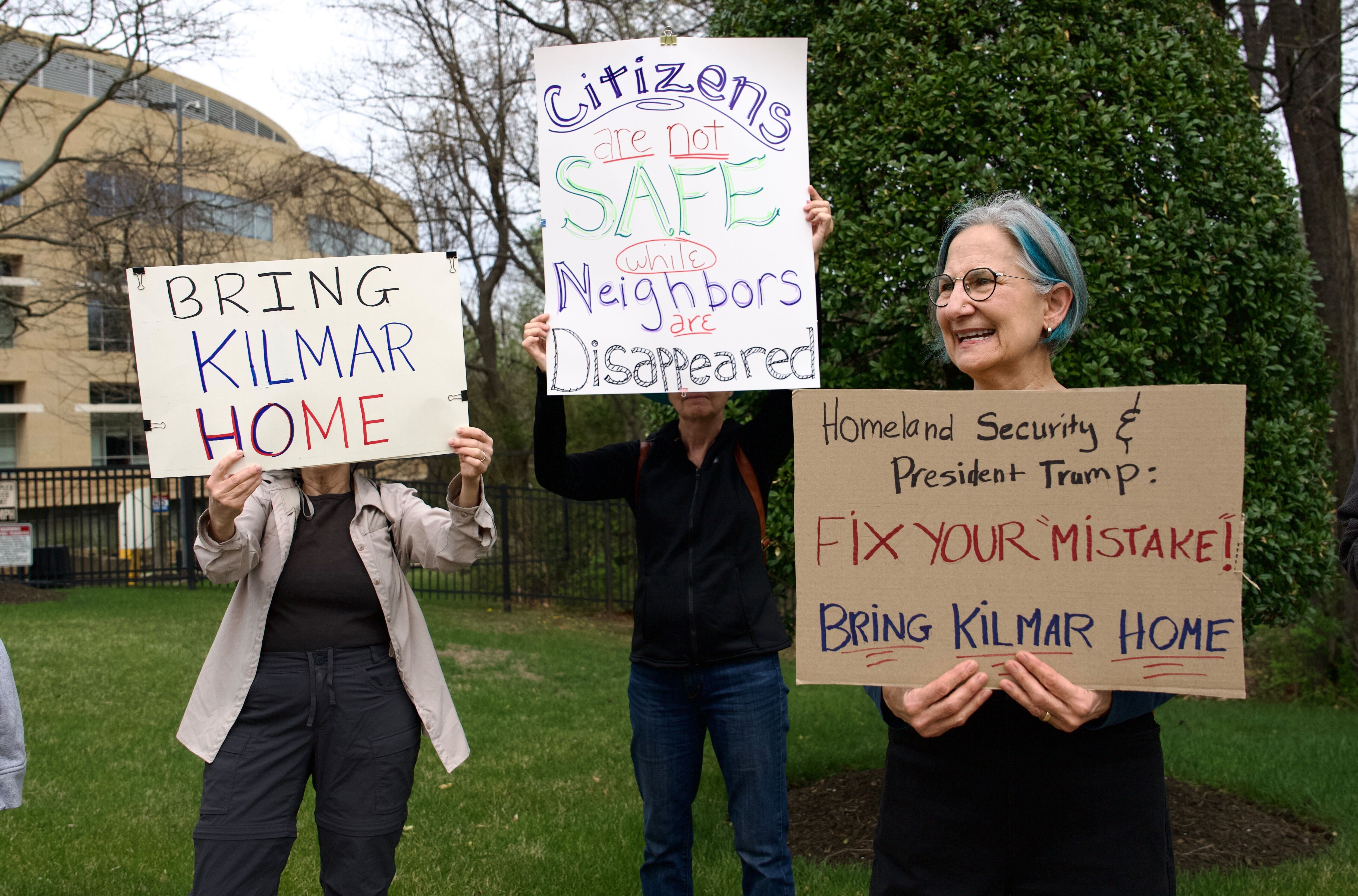 Laura Bonkosky, right, protests outside of the District Courthouse in Greenbelt, MD on April 4, 2025 for Kilmar Armando Abrego Garcia, a man who was mistakenly deported by the Trump administration.
