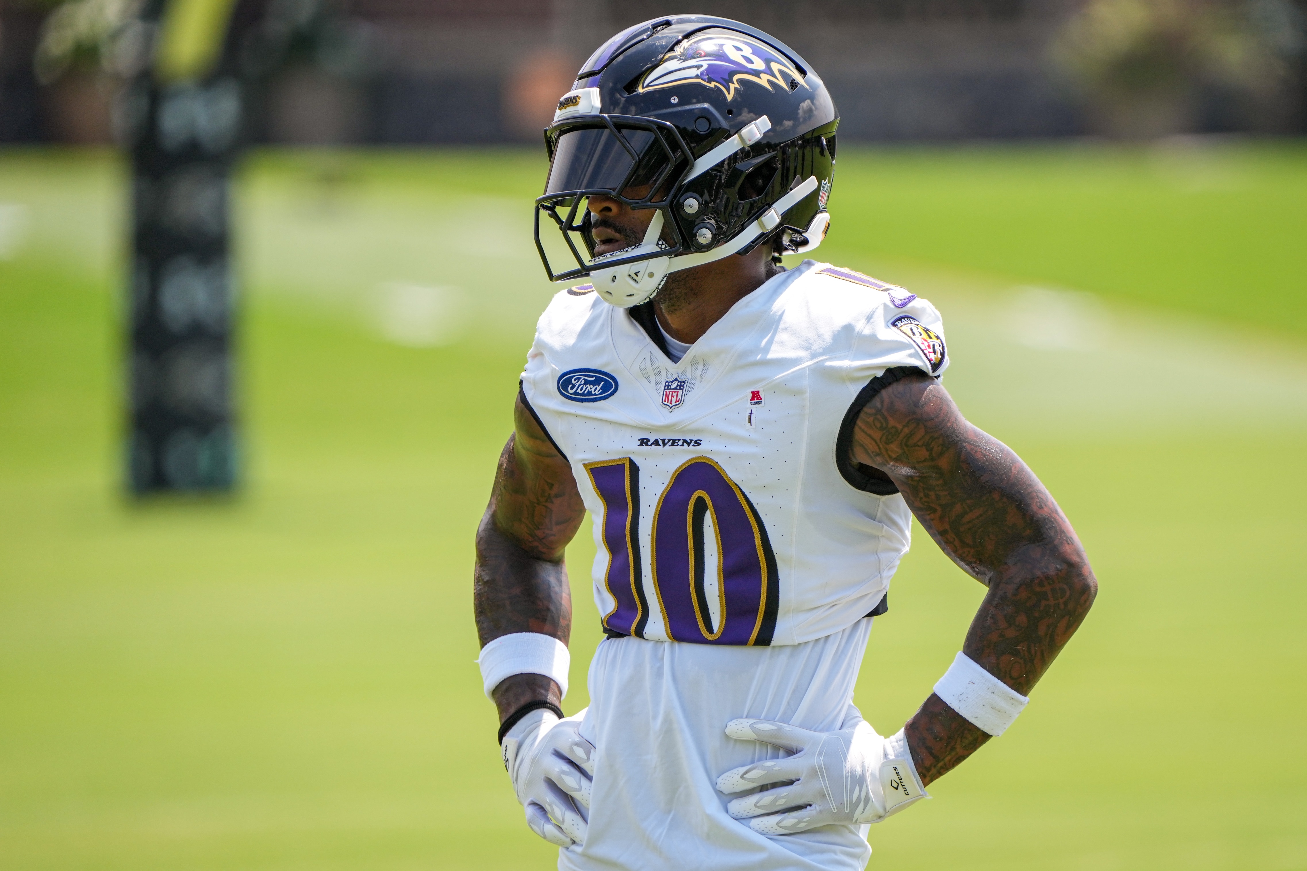 Baltimore Ravens cornerback Arthur Maulet (10) prepares for a drill during the team’s 2024 Training Camp at the Under Armour Performance Center in Owings Mills on Tuesday, July 23, 2024.