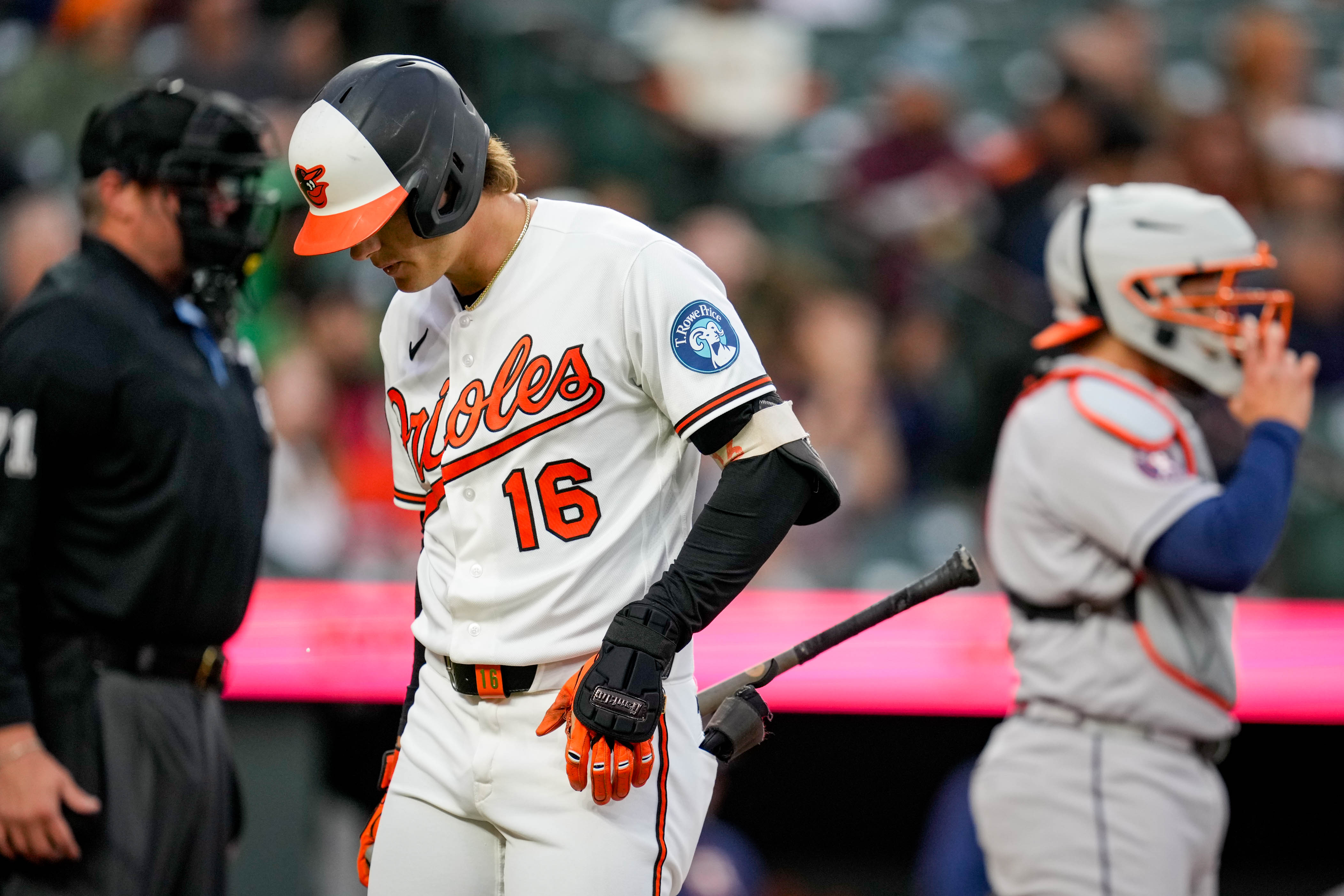 Orioles third baseman Coby Mayo (16) strikes out swinging in the second inning against the Houston Astros on Tuesday.