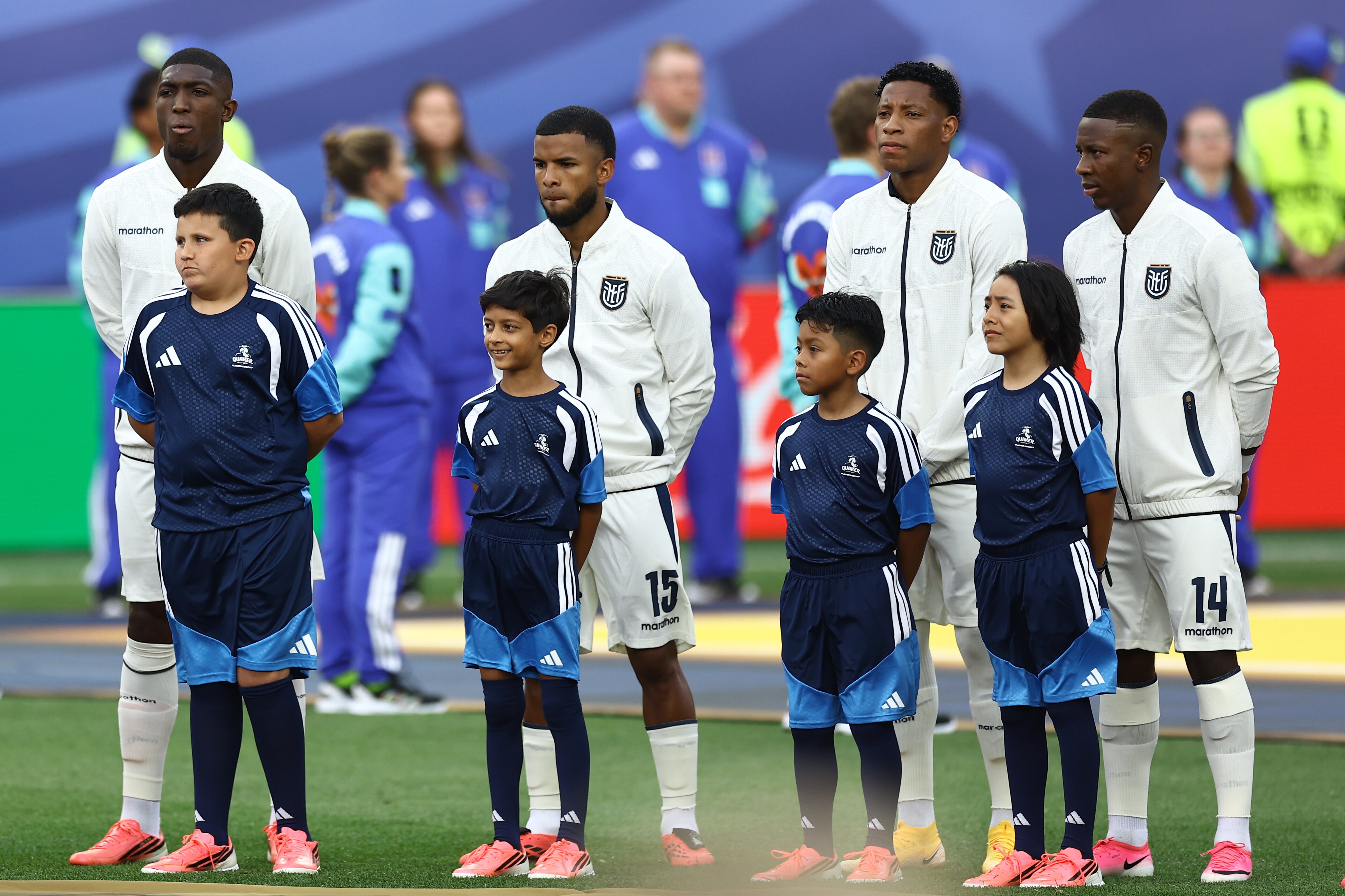 Members of the DCFC U10 boy’s team accompany Cote D’Ivoire onto the field ahead of its Group A World Cup fixture against Ecuador. The club was one of 32 local community partners selected by Common Goal to participate in World walkouts.