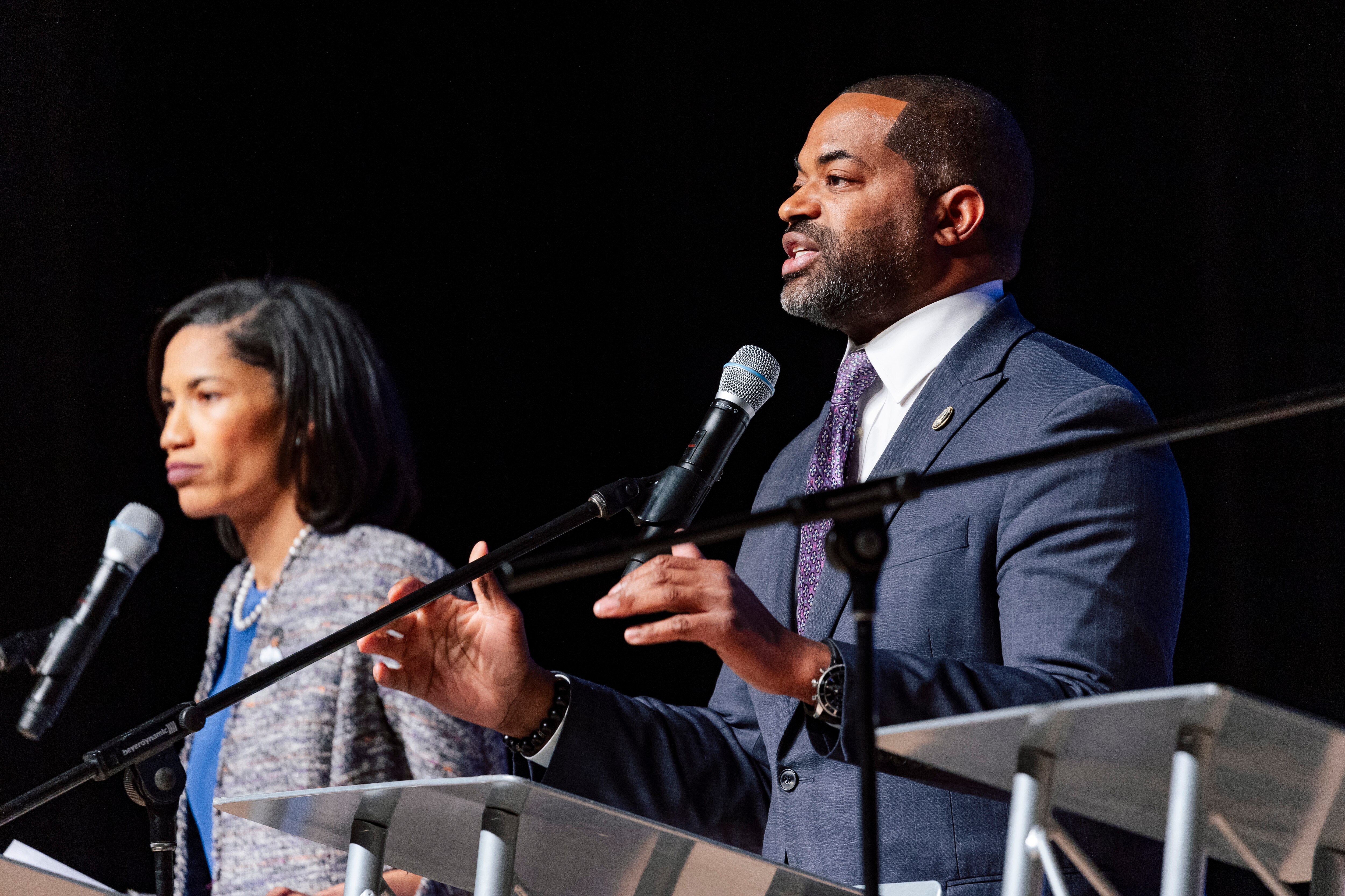 The campaign manager for City Council President Nick Mosby (right, during a televised debate this month) did not respond Thursday to questions about inconsistencies in the amended campaign finance report.