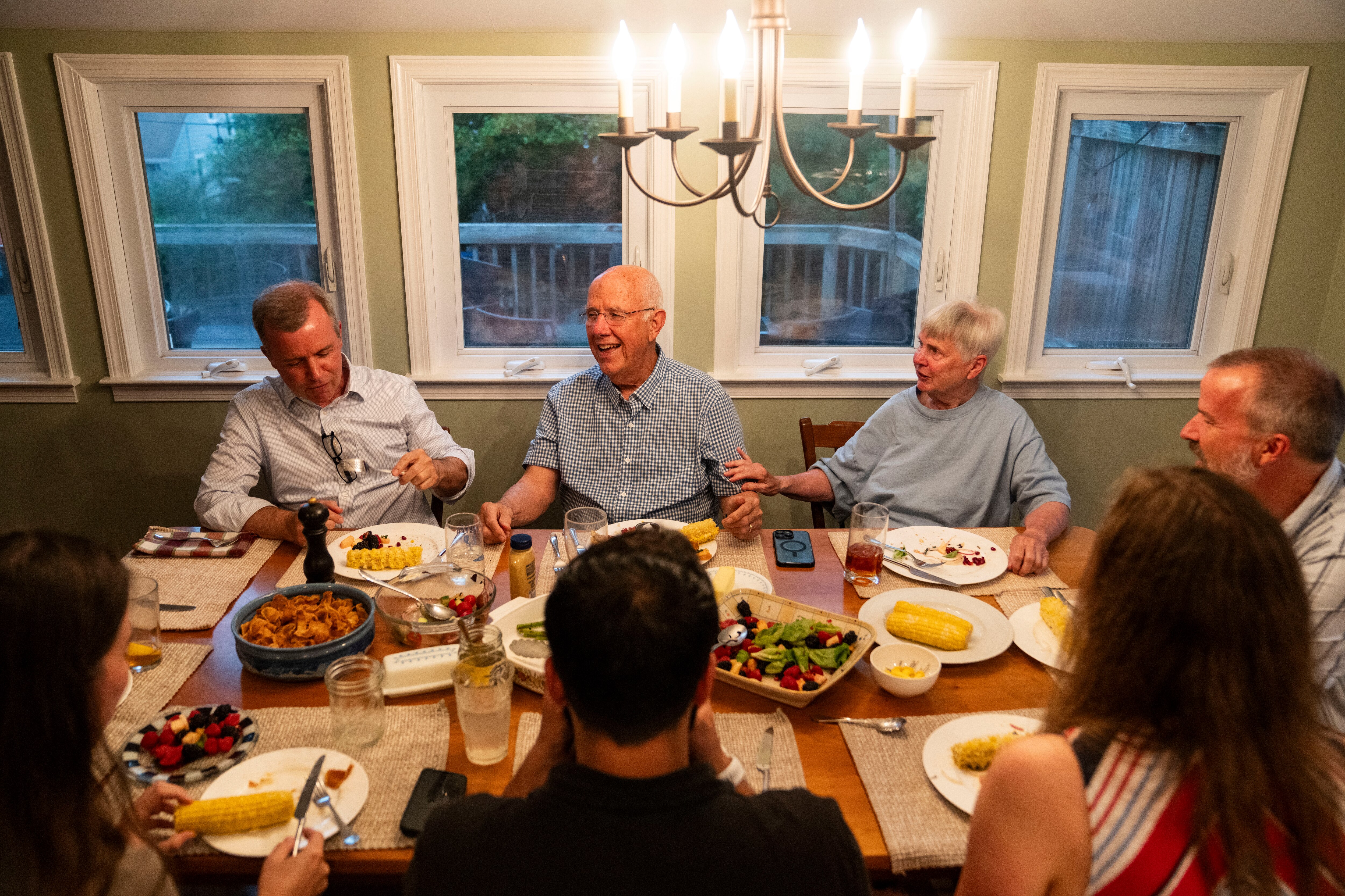 The Hornbeck family, including from left Matt Hornbeck, David Hornbeck, Becky Hornbeck and Mark Gaither, gathers for dinner.