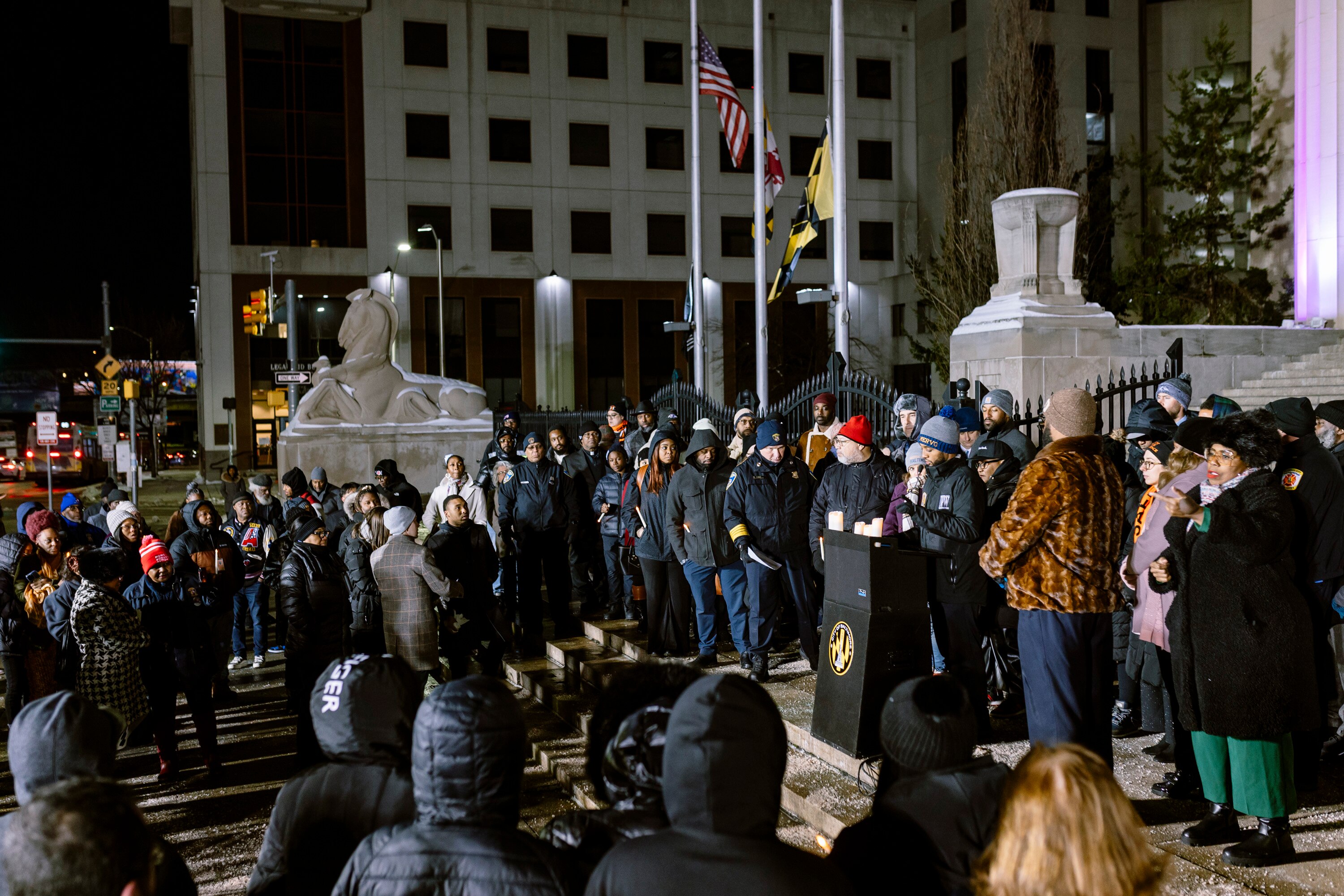 Mayor Brandon Scott addresses attendants of an annual vigil of remembrance to honor the lives of Baltimoreans lost in 2024 at the Baltimore War Memorial in Baltimore, MD on Tuesday, Jan. 7, 2025.