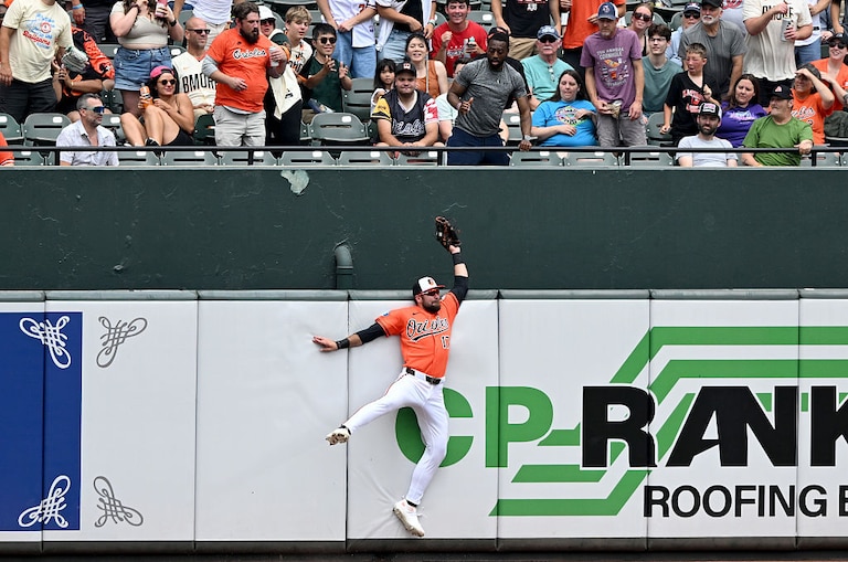 Orioles center fielder Colton Cowser catches a fly ball hit by Washington Nationals outfielder Dylan Crews in the fifth inning on June 28.