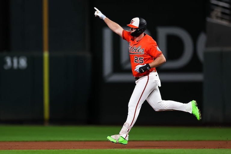 Orioles first baseman Pete Alonso celebrates after hitting a home run during the first inning against the Toronto Blue Jays.