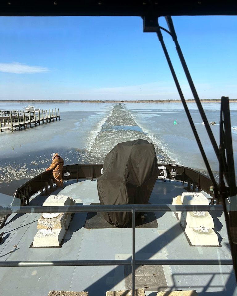The Eddie Somers, one of three Maryland Department of Natural Resources ice breakers, helps clear ice on the bay during a freeze in January 2025.