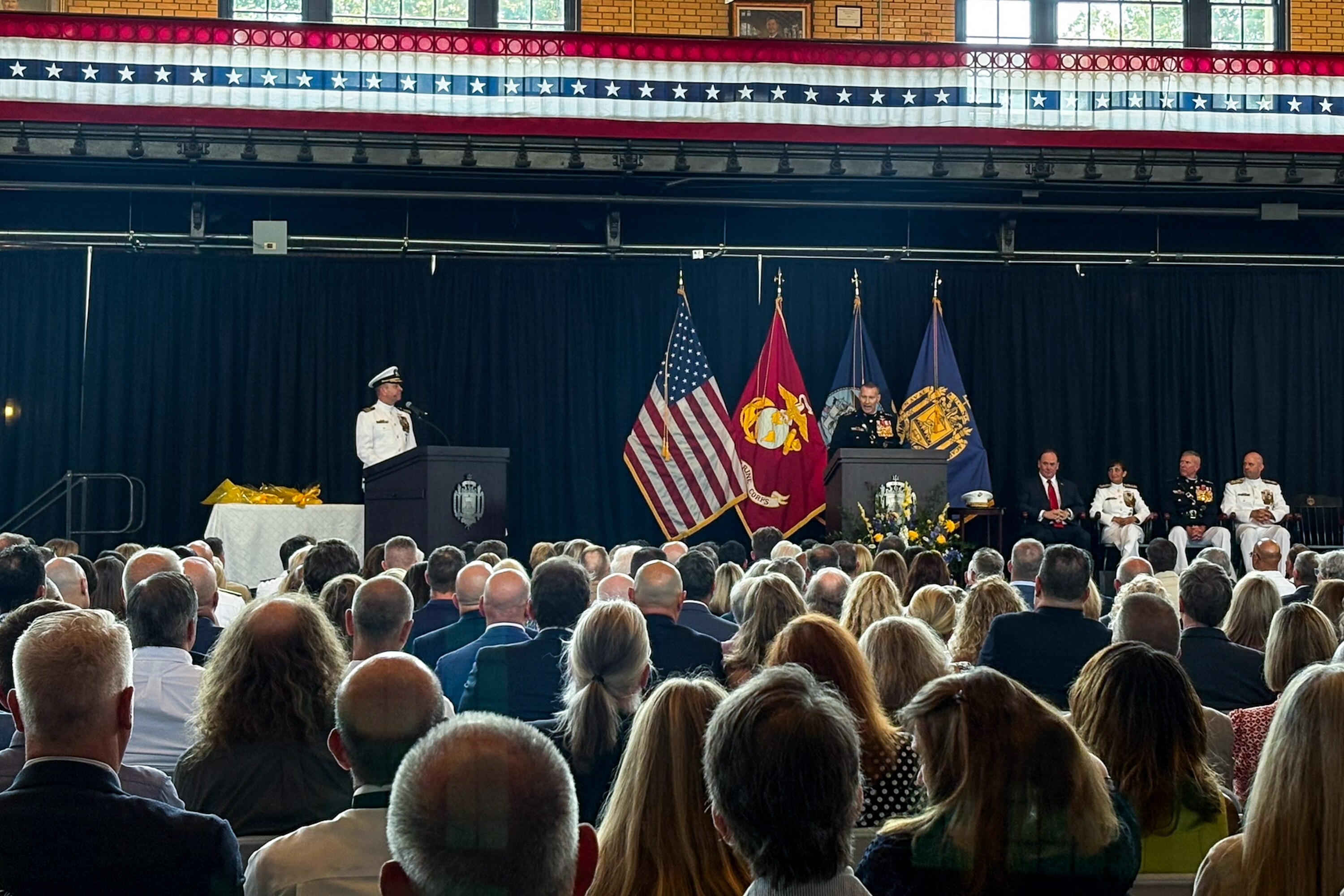 Lt. Gen. Michael Borgschulte addresses attendees as he assumes command of the U.S. Naval Academy on Friday.