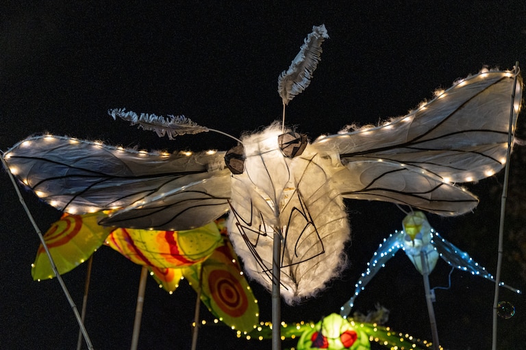 A moth lantern flies by during The Great Halloween Lantern Parade at Patterson Park on Saturday, Oct. 21, 2023.