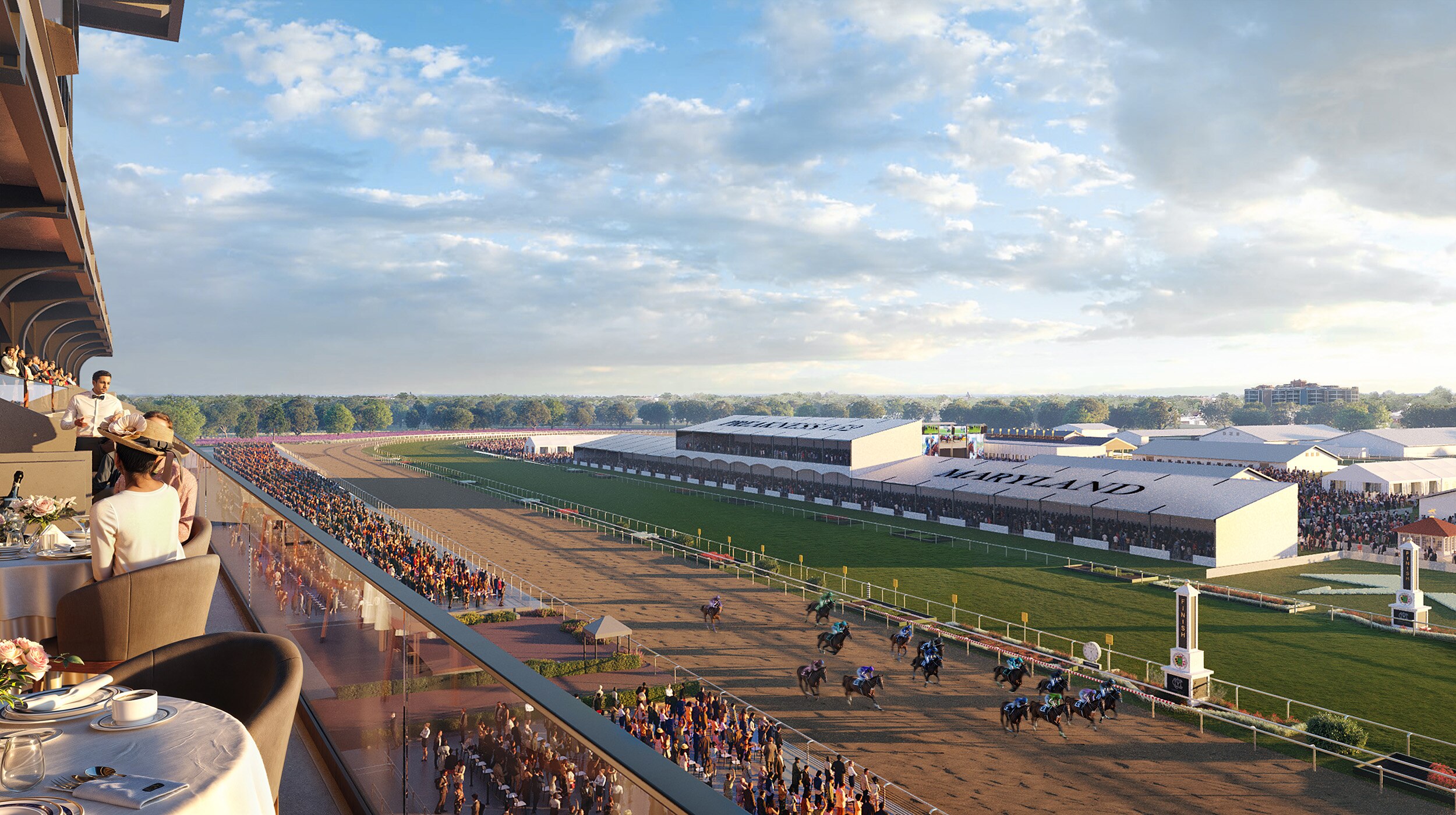 Renderings show what the redeveloped Pimlico Race Course in Park Heights could look like. The thoroughbred horse racing track is scheduled to be torn down after the 2025 Preakness Stakes and rebuilt in time for the 2027 Preakness Stakes.
