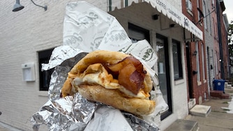 Egg sandwich from Jem's Bottle Shop & Cafe, which opened up as a takeout window near Patterson Park in August.