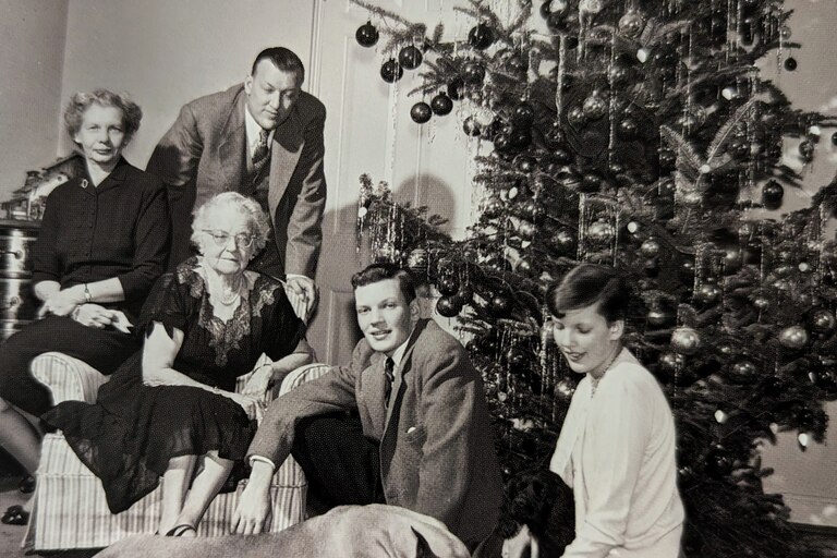 Gov. Theodore McKeldin and his wife, Honolulu, her mother Maude Manzer; their children Theodore Jr. and Clara and the family dog Suga in Government House.