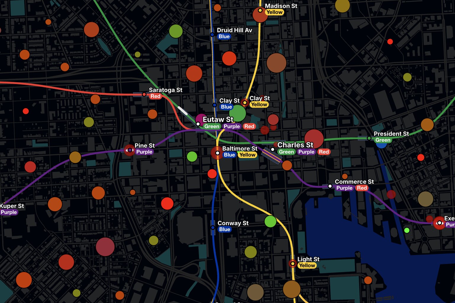 In Colin Miller's new game Subway Builder, circles indicate population and employment centers. This map shows a variation on a 2002 state plan for a Baltimore rail transit system.