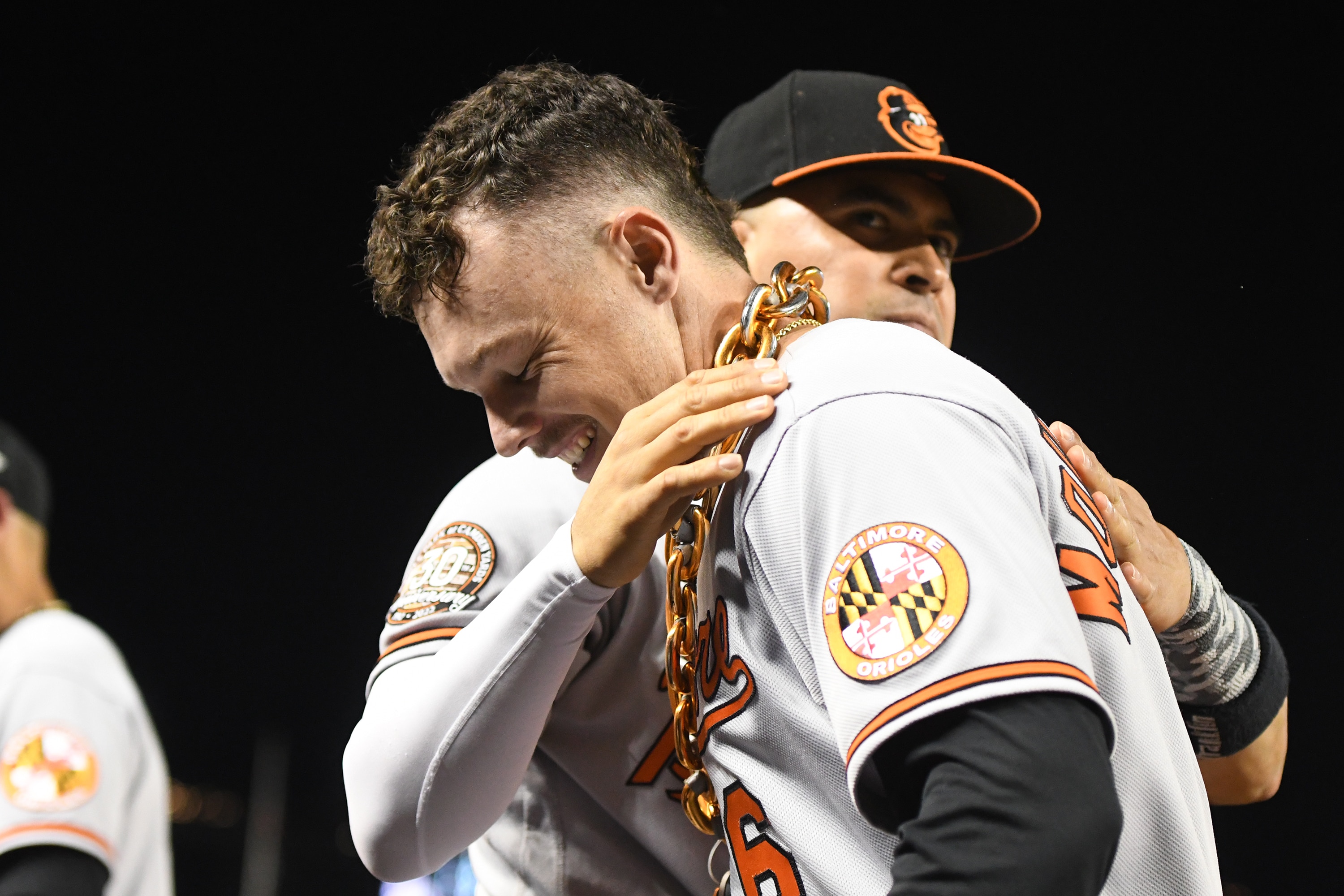 WASHINGTON, DC - SEPTEMBER 13:  Ryan Mountcastle #6 of the Baltimore Orioles celebrates a solo home in the fifth inning with Robinson Chirinos #23 against the Washington Nationals at Nationals Parks on September 13, 2022 in Washington, DC.  (Photo by Mitchell Layton/Getty Images)