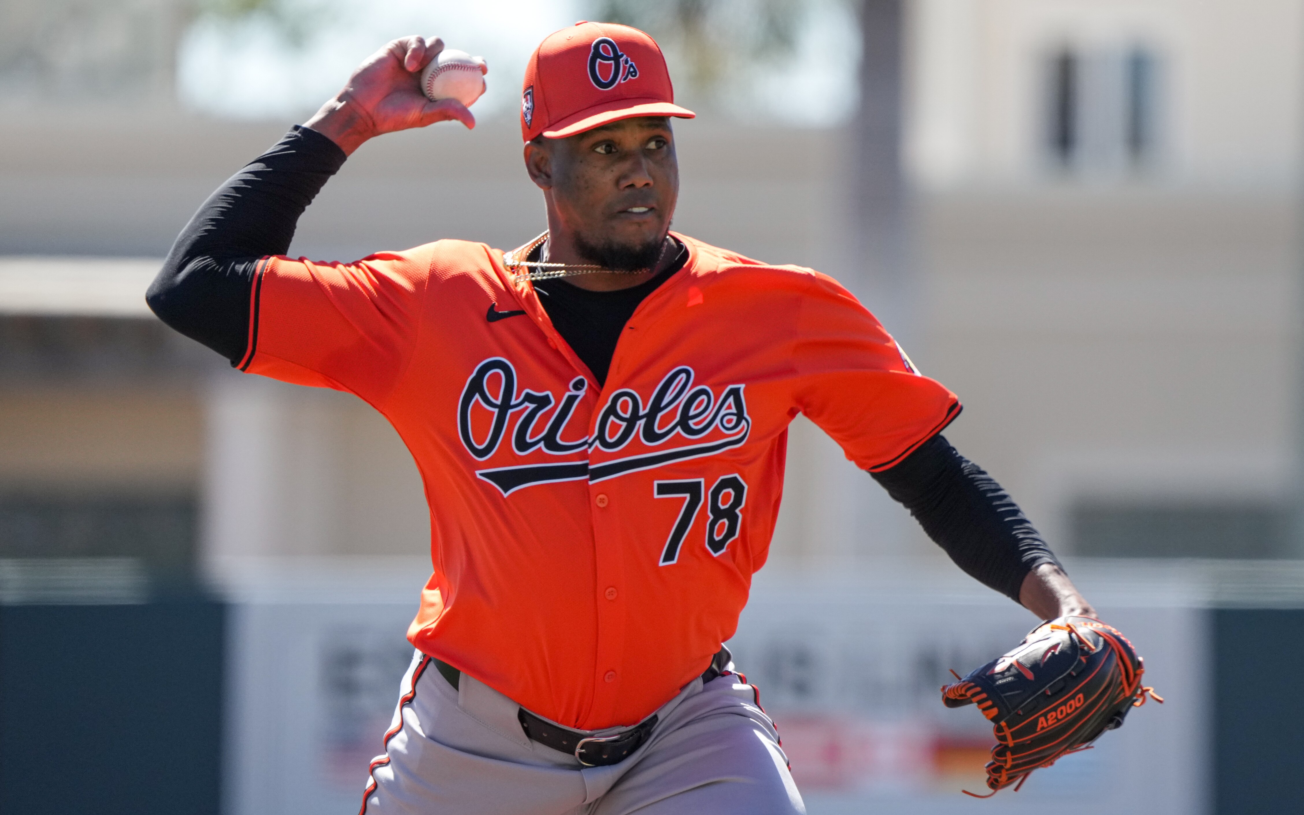 Baltimore Orioles relief pitcher Yennier Cano (78) throws during a spring training session at Ed Smith Stadium on Feb. 22.