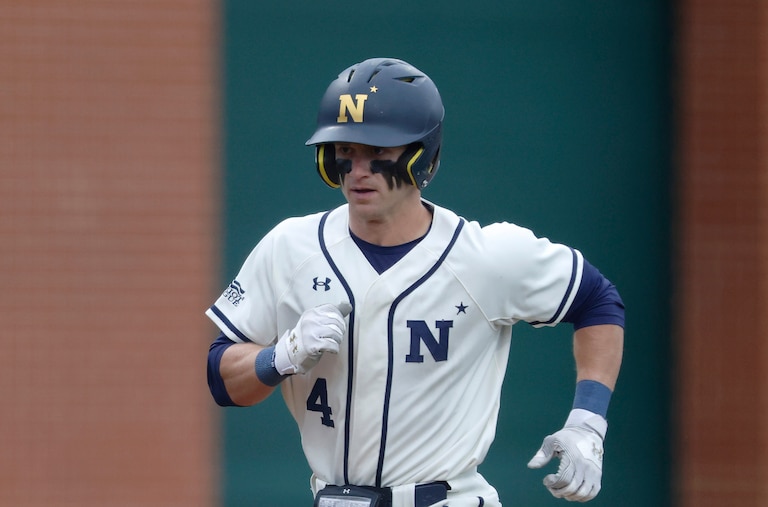 Navy infielder Brock Murtha (4) during an NCAA baseball game against UMES on Wednesday, April 2, 2025, in Annapolis, Md.