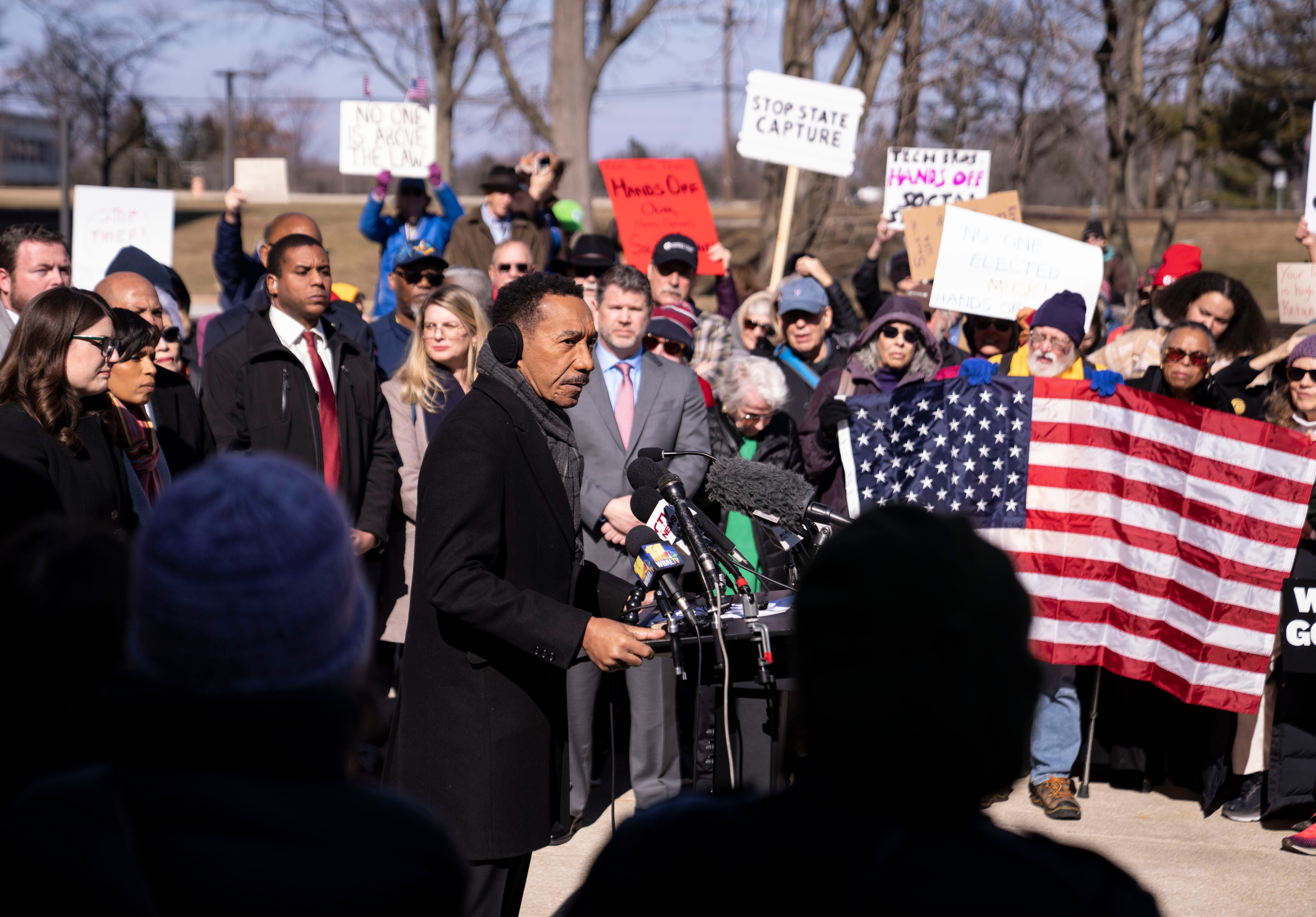 Rep. Kweisi Mfume speaks during a rally outside of the Social Security Administration headquarters in Woodlawn amid reports DOGE is eyeing the agency.