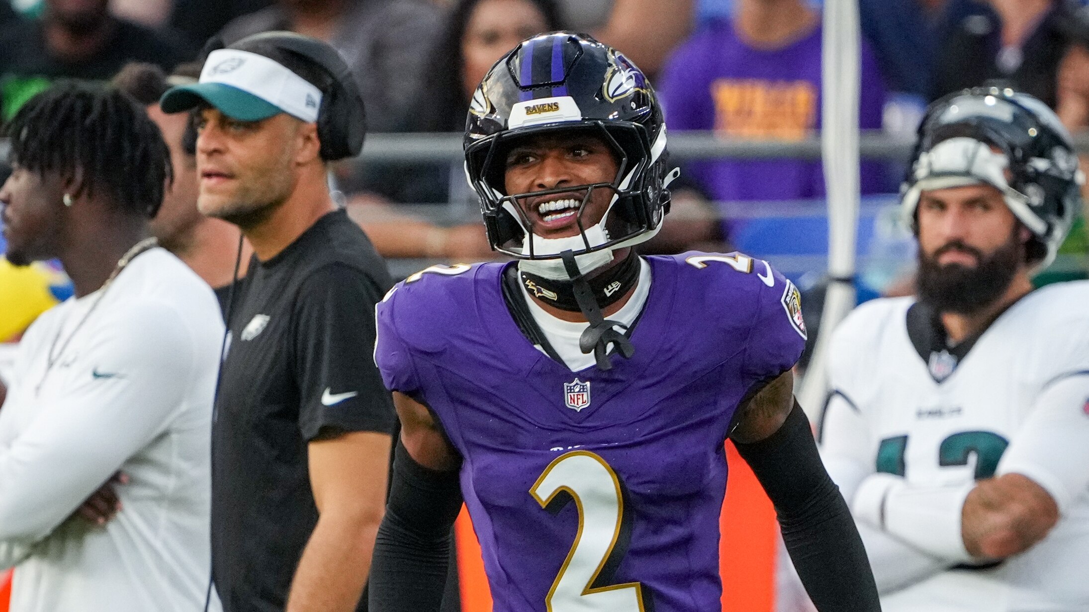 Baltimore Ravens cornerback Nate Wiggins (2) smiles after blocking a pass attempt during the team’s preseason game against the Philadelphia Eagles at M&T Bank Stadium in Baltimore on Friday, August 09, 2024.