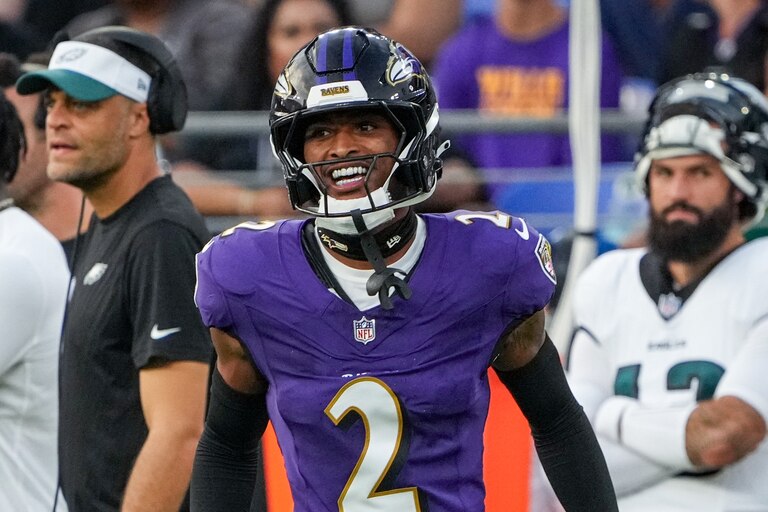 Baltimore Ravens cornerback Nate Wiggins (2) smiles after blocking a pass attempt during the team’s preseason game against the Philadelphia Eagles at M&T Bank Stadium in Baltimore on Friday, August 09, 2024.
