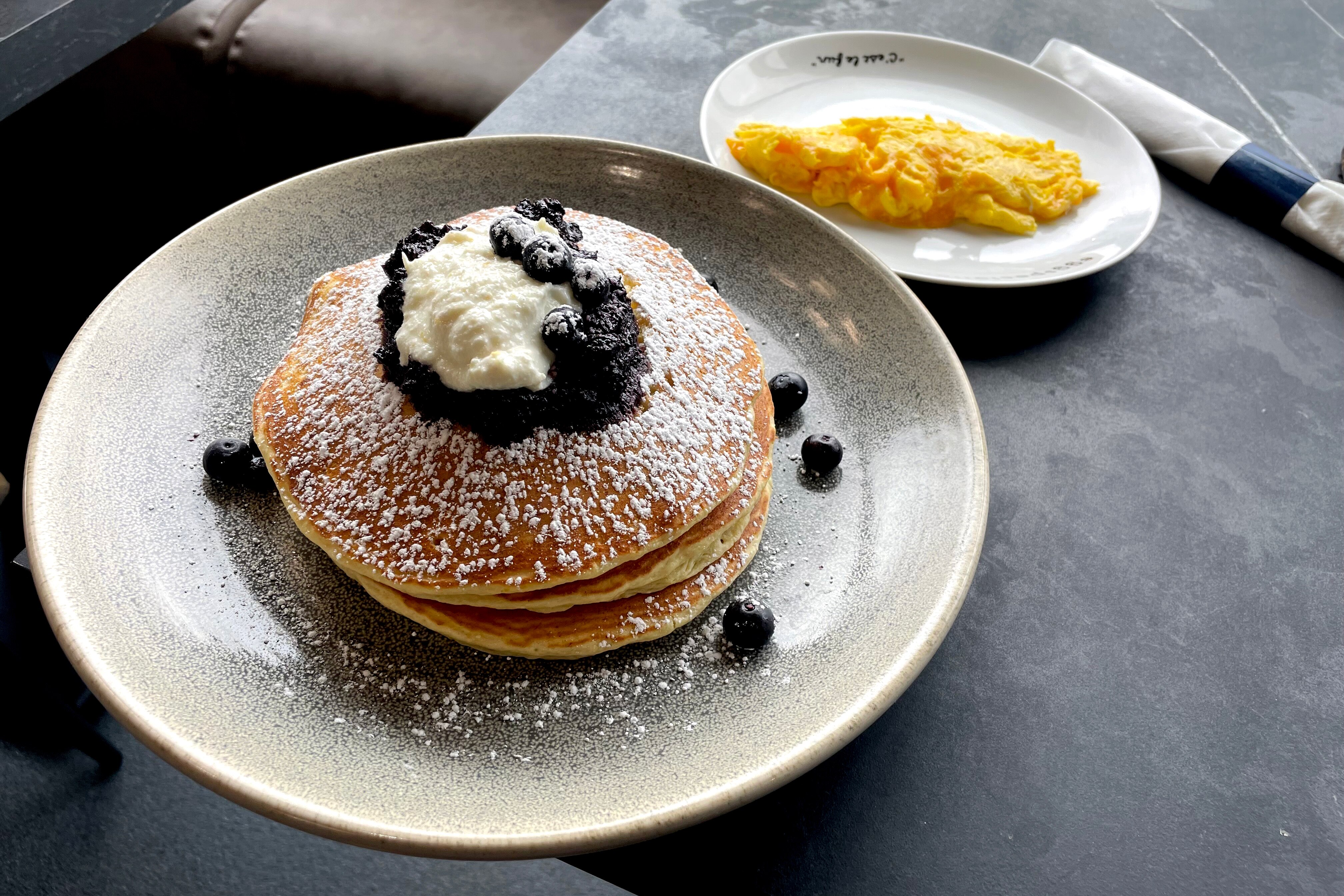 Lemon ricotta blueberry pancakes at Eggspectation, which opened in Columbia March 4, 2025.