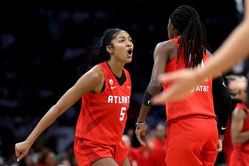 Angel Reese of the Atlanta Dream reacts during the first quarter of Game 3of the Semifinals of the WNBA Playoffs against the New York Liberty.
