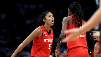 Angel Reese of the Atlanta Dream reacts during the first quarter of Game 3of the Semifinals of the WNBA Playoffs against the New York Liberty.