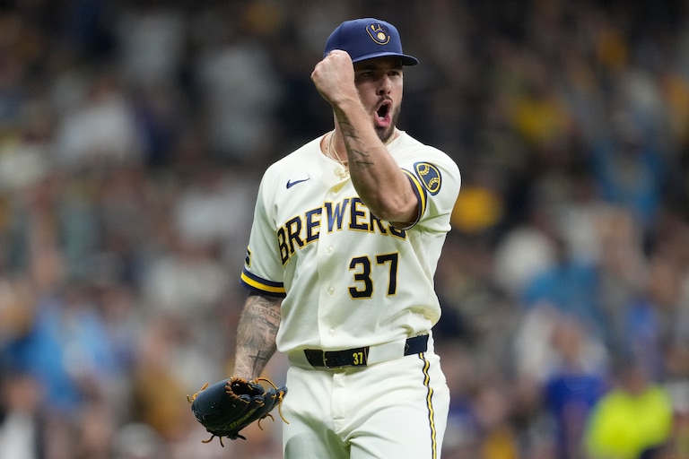 MILWAUKEE, WISCONSIN - OCTOBER 11: DL Hall #37 of the Milwaukee Brewers reacts against the Los Angeles Dodgers during the fifth inning in game one of the National League Championship Series at American Family Field on October 11, 2026 in Milwaukee, Wisconsin. (Photo by Patrick McDermott/Getty Images)