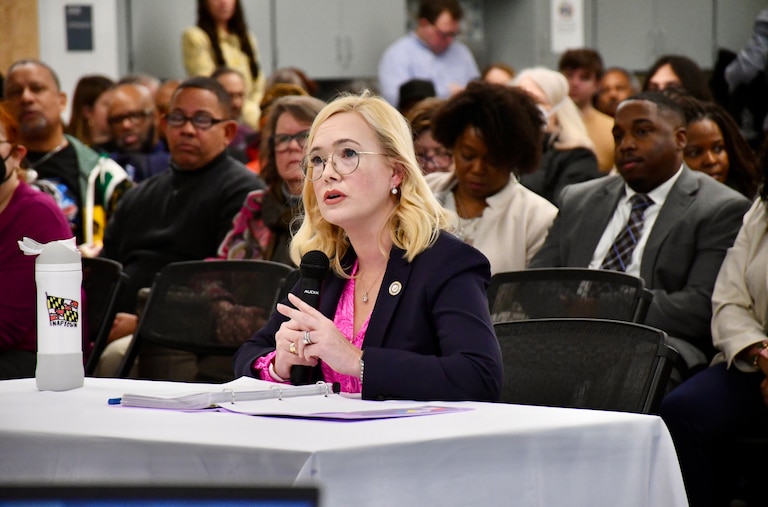 Del. Dana Jones speaks before the Anne Arundel County Democratic Central Committee as members consider who to nominate to fill a vacancy in the state Senate, during a meeting at the Busch Annapolis Library on Saturday, Jan. 4, 2025.