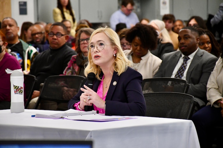 Del. Dana Jones speaks before the Anne Arundel County Democratic Central Committee as members consider who to nominate to fill a vacancy in the state Senate, during a meeting at the Busch Annapolis Library on Saturday, Jan. 4, 2025.