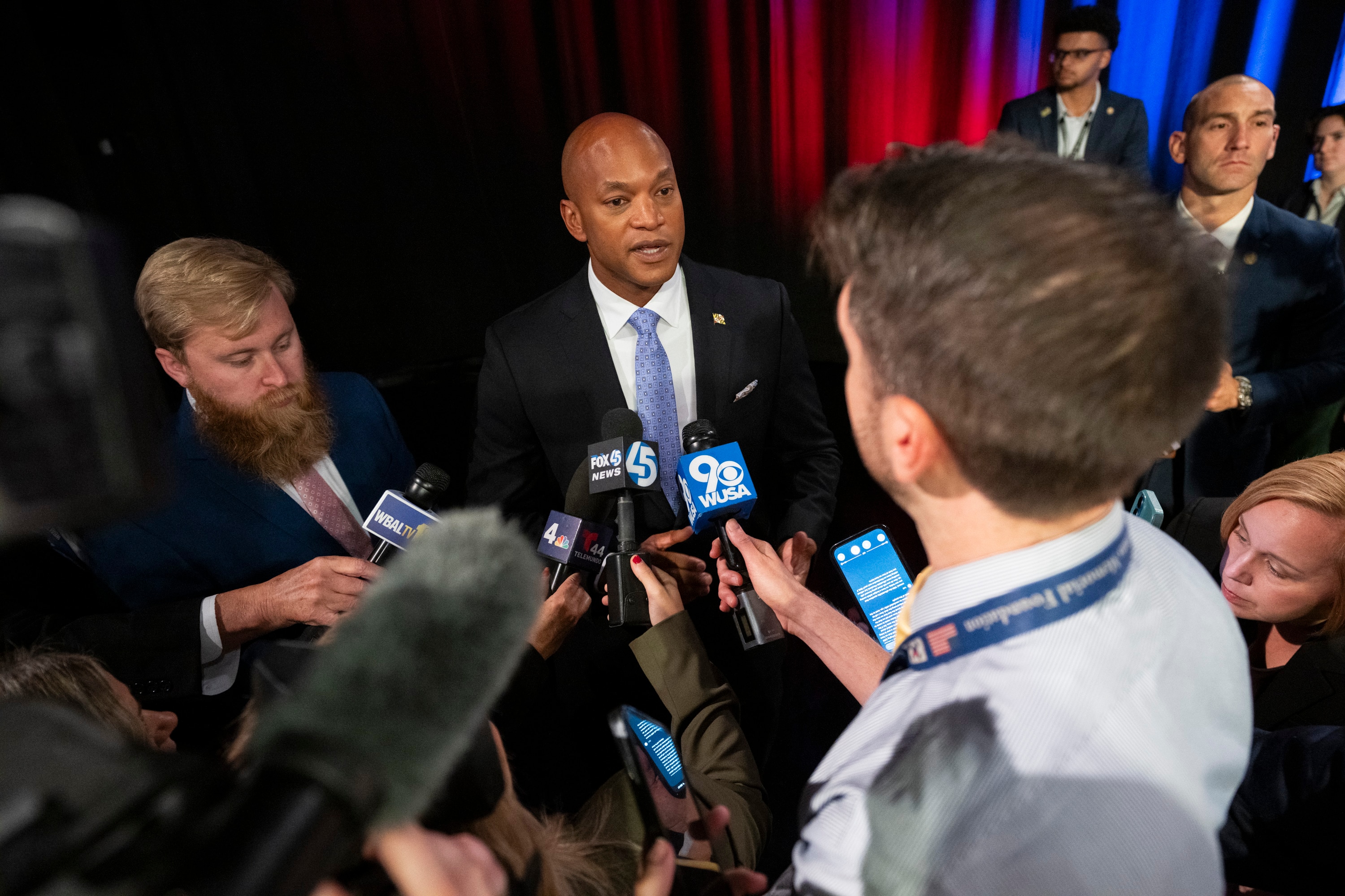 Gov. Wes Moore speaks to reporters immediately following a gubernatorial debate Tuesday. Moore said the White House prevented him from speaking at a job announcement later Tuesday.
