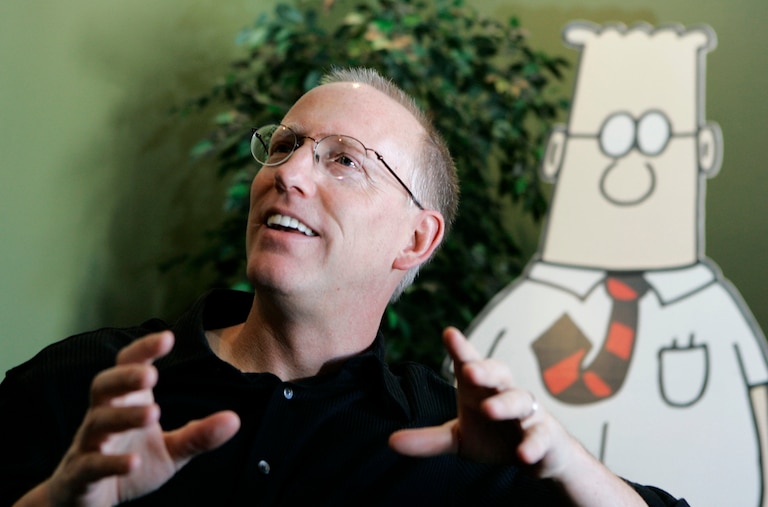 FILE - Scott Adams, creator of the comic strip Dilbert, talks about his work at his studio in Dublin, Calif., on Oct. 26, 2006.