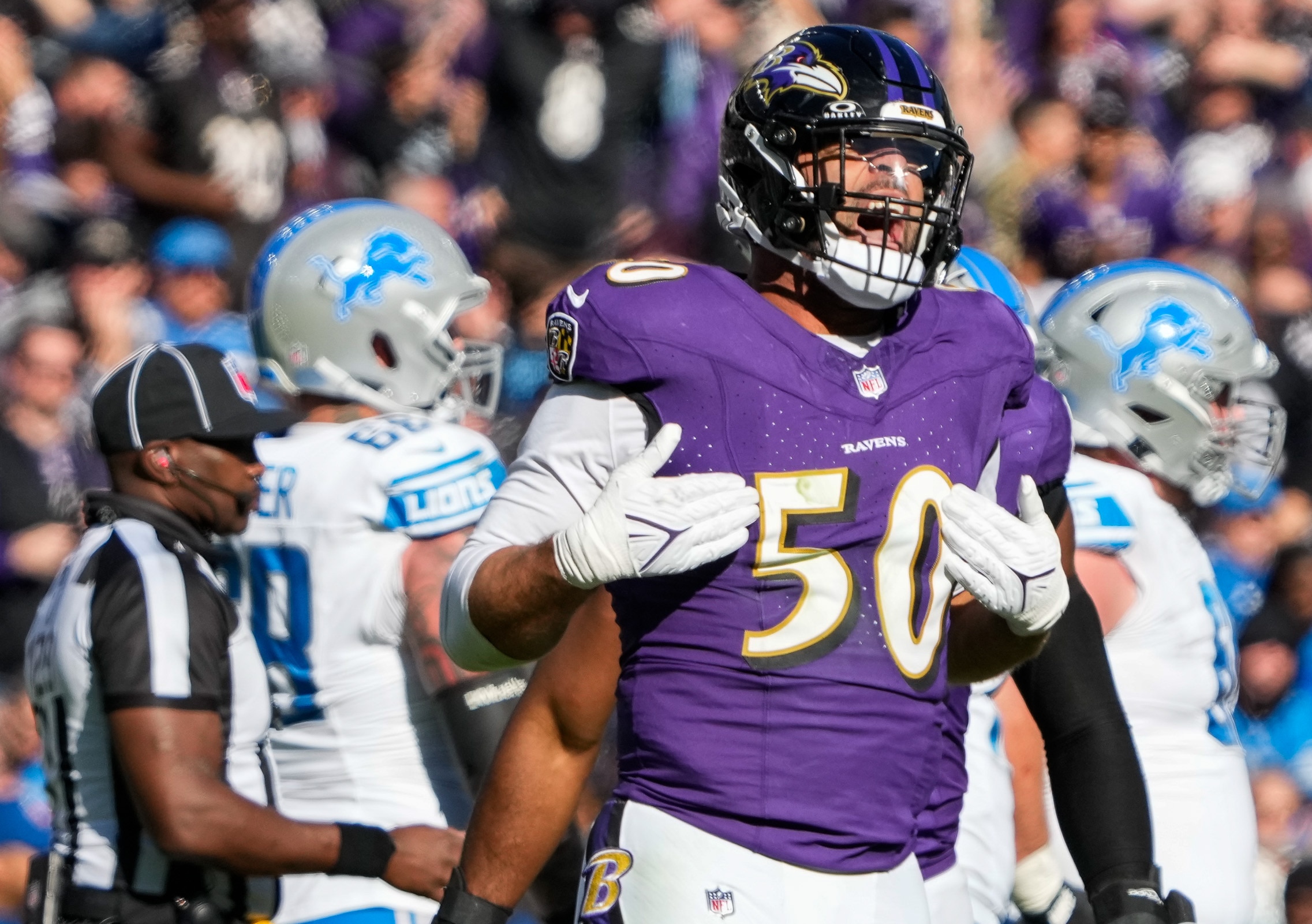 Baltimore Ravens linebacker Kyle Van Noy celebrates after sacking the Lions' Jared Goff last month.