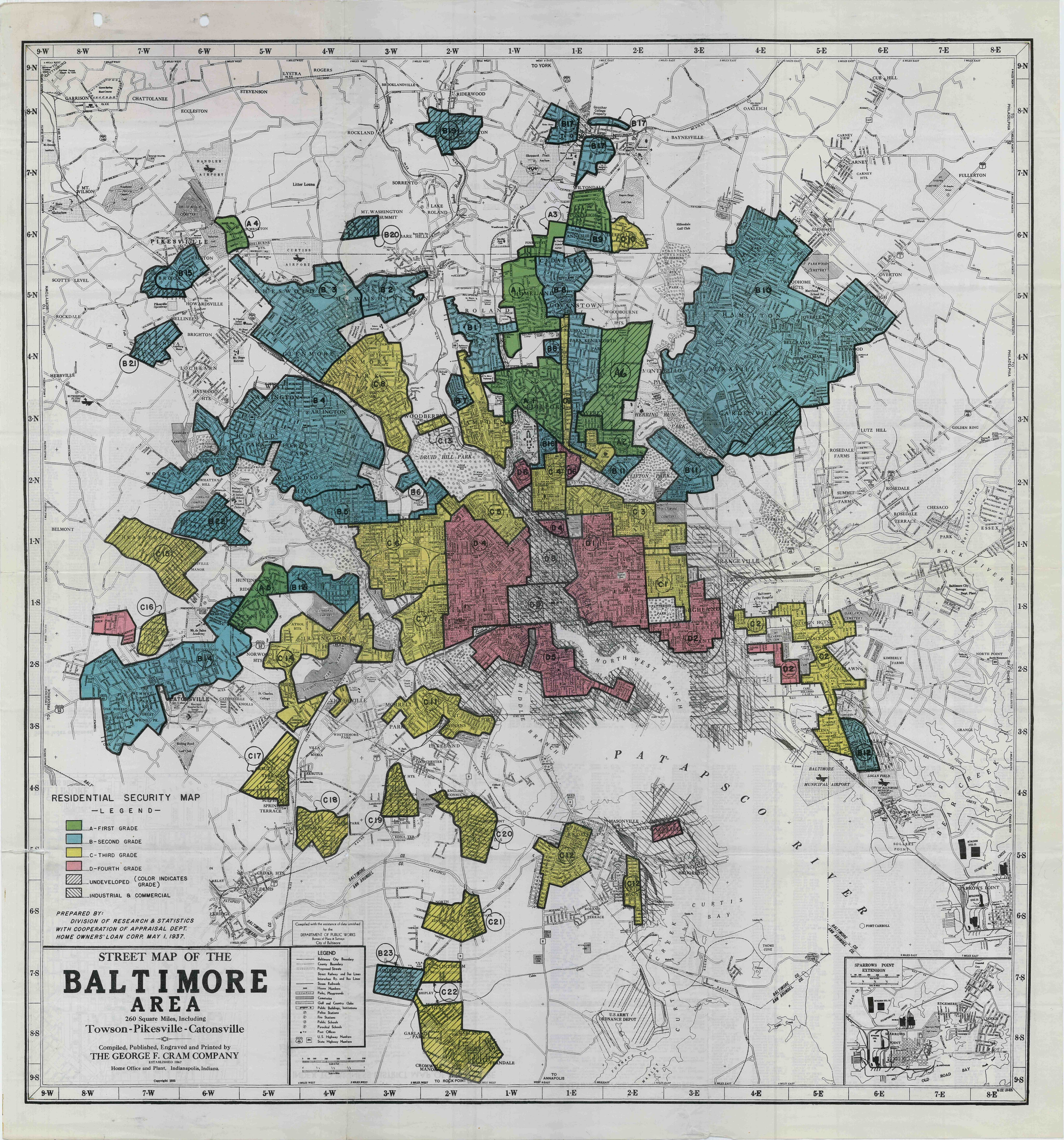 This scan of the Baltimore Home Owner's Loan Corporation shows the boundaries that set redlining in Baltimore. Scan courtesy of "Mapping Inequality", from the Digital Scholarship Lab at the University of Richmond.