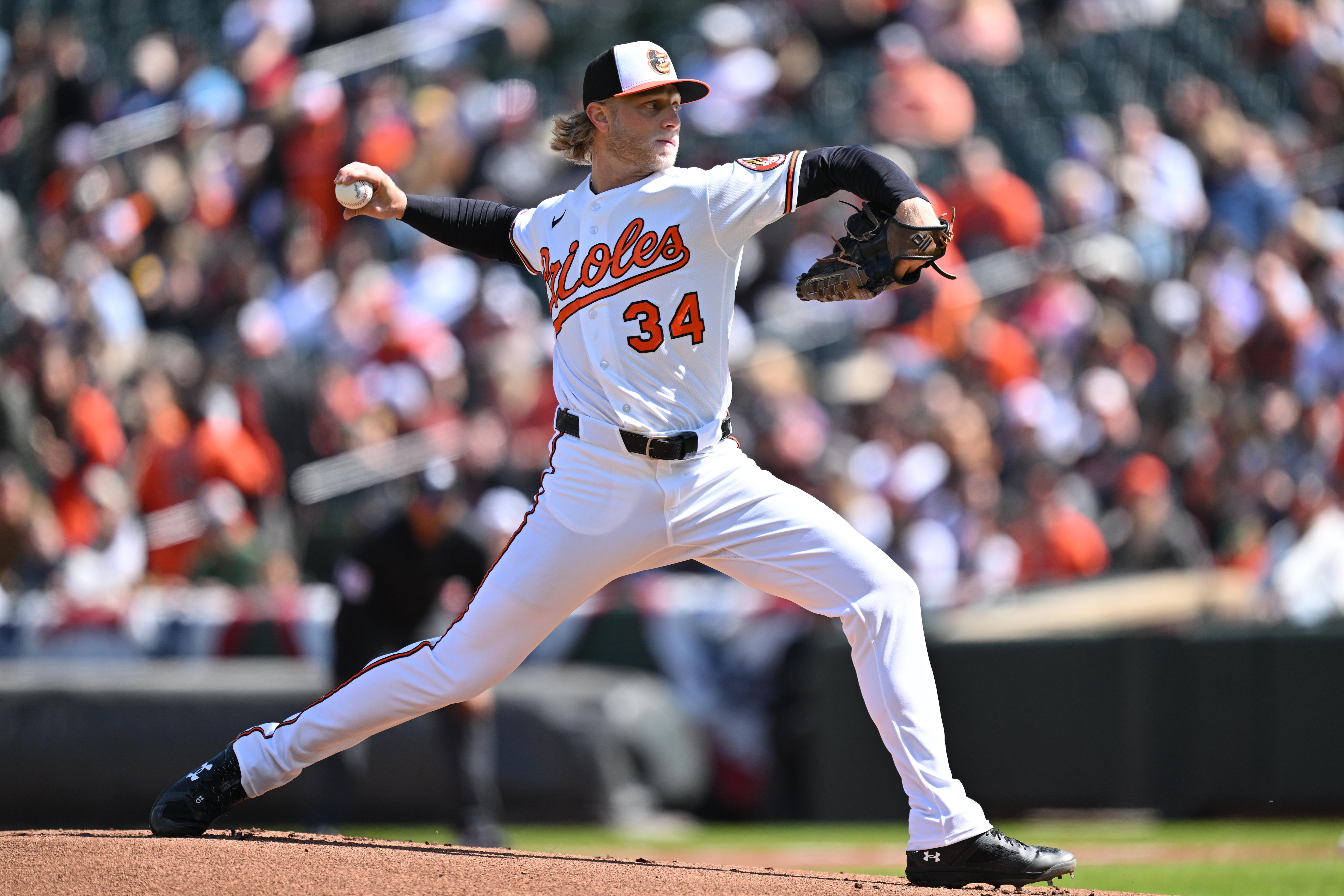 Shane Baz #34 of the Baltimore Orioles pitches in the first inning against the Minnesota Twins at Oriole Park at Camden Yards on March 29, 2026 in Baltimore, Maryland.