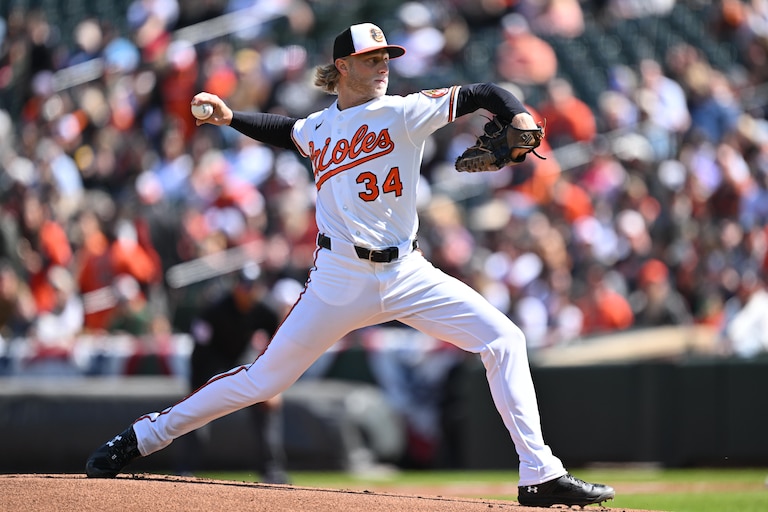 Shane Baz #34 of the Baltimore Orioles pitches in the first inning against the Minnesota Twins at Oriole Park at Camden Yards on March 29, 2026 in Baltimore, Maryland.