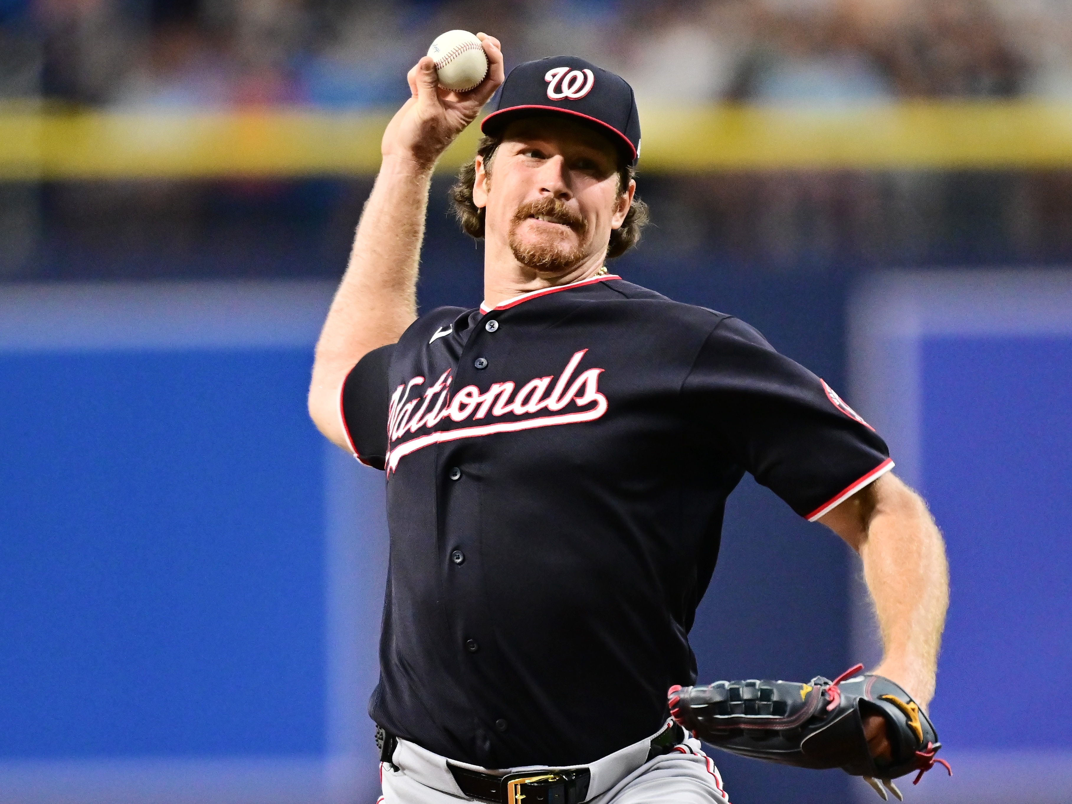 Washington Nationals pitcher Miles Mikolas delivers a pitch in the third inning against the Tampa Bay Rays. (Photo by Julio Aguilar/Getty Images)
