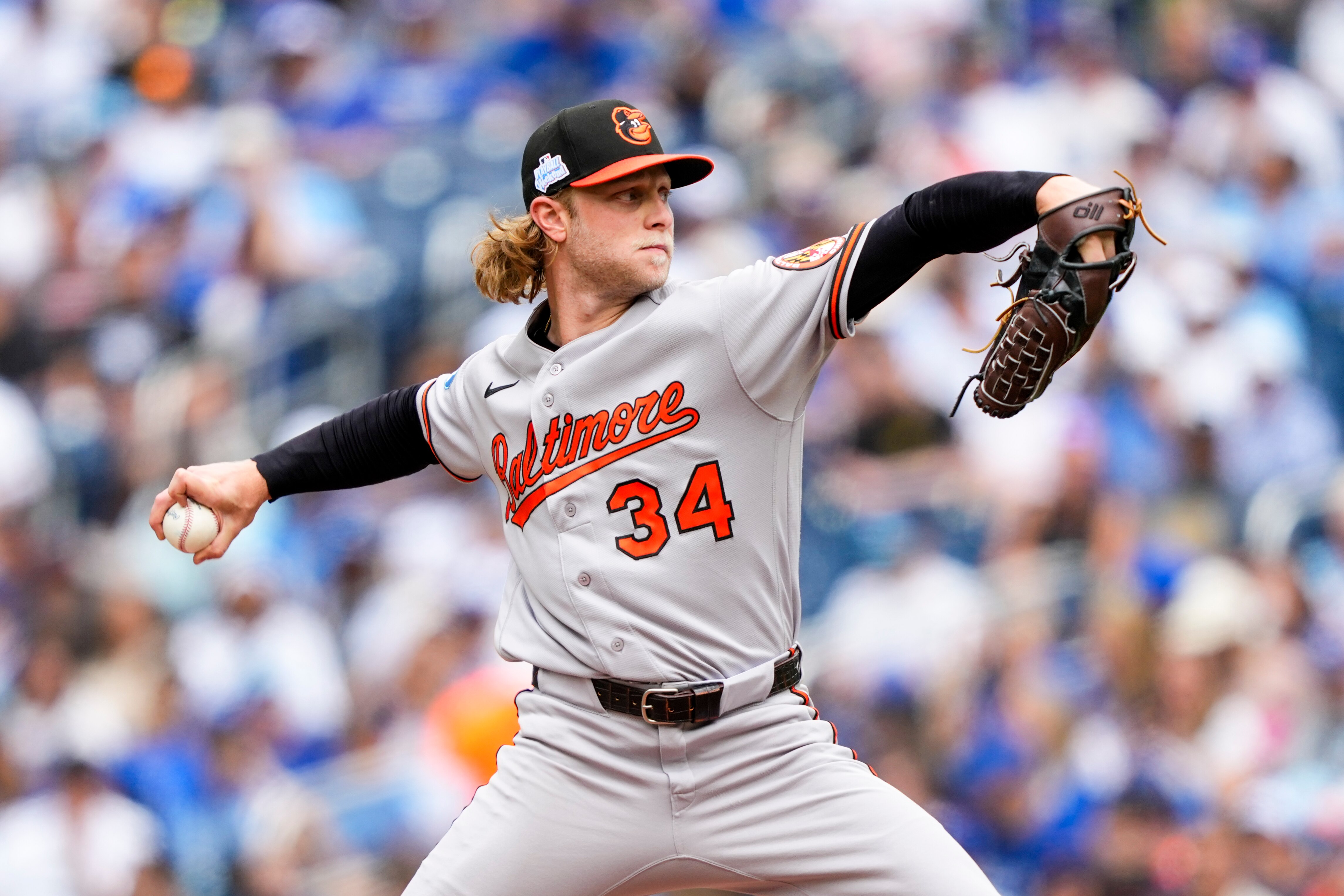 Shane Baz #34 of the Baltimore Orioles pitches against the Toronto Blue Jays during the first inning at Rogers Centre on June 7, 2026 in Toronto, Canada.