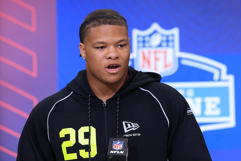 Peter Woods of the Clemson Tigers speaks to the media during the 2026 NFL Scouting Combine on Feb. 25.