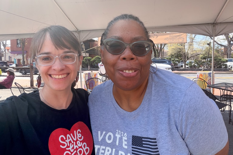 Teri Pailen, right, and Alexis Goldstein, both former federal workers turned candidates, met for coffee in Frederick in April to discuss their campaigns.