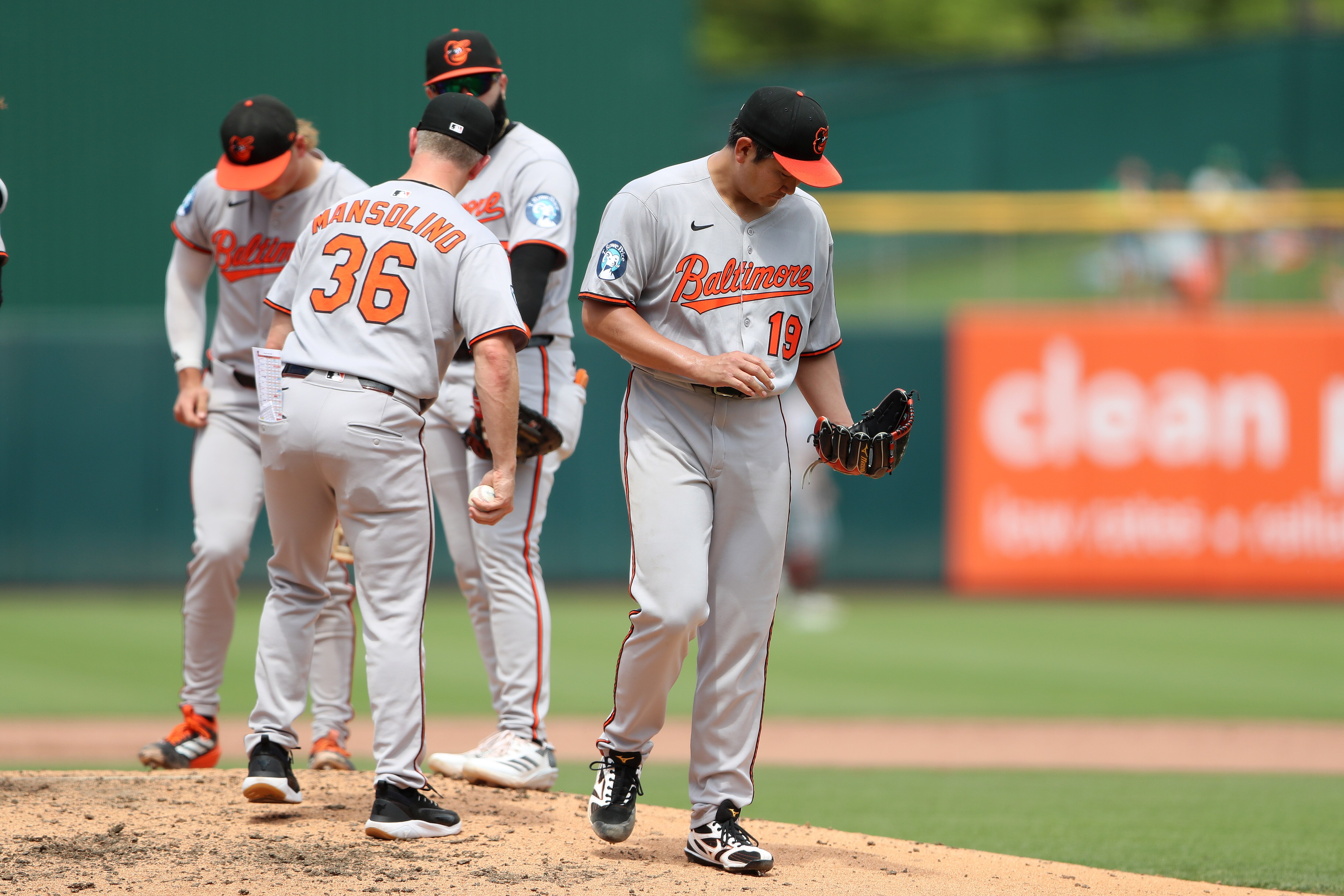 Tomoyuki Sugano leaves the mound during the fifth inning of Sunday’s 5-1 loss to the Athletics.