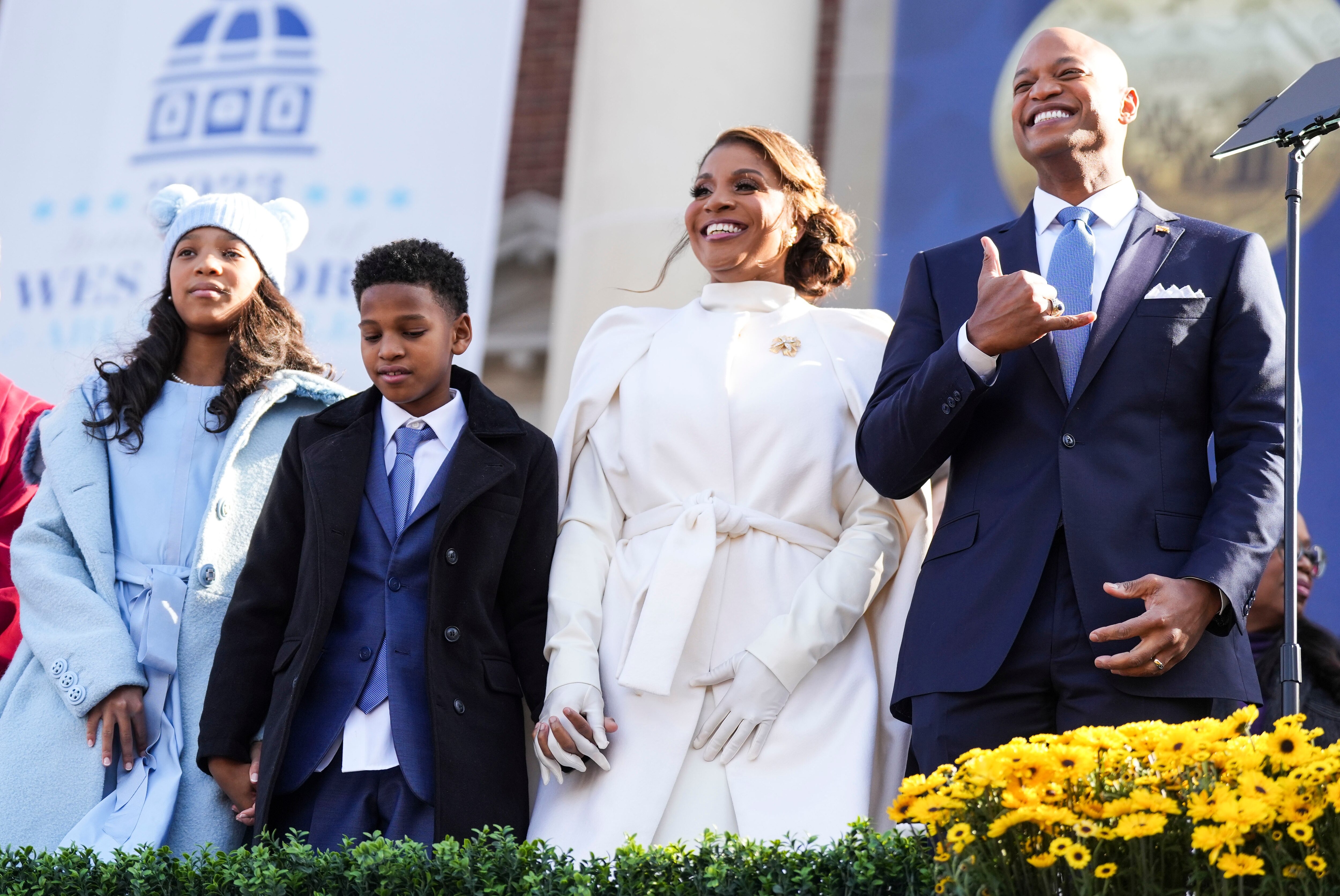 Mia Moore, James Moore, Dawn Moore, and Gov. Wes Moore during his inauguration as the First African-American governor for the State of Maryland, at the Maryland State House, in Annapolis, MD, Wednesday, January 18, 2023.