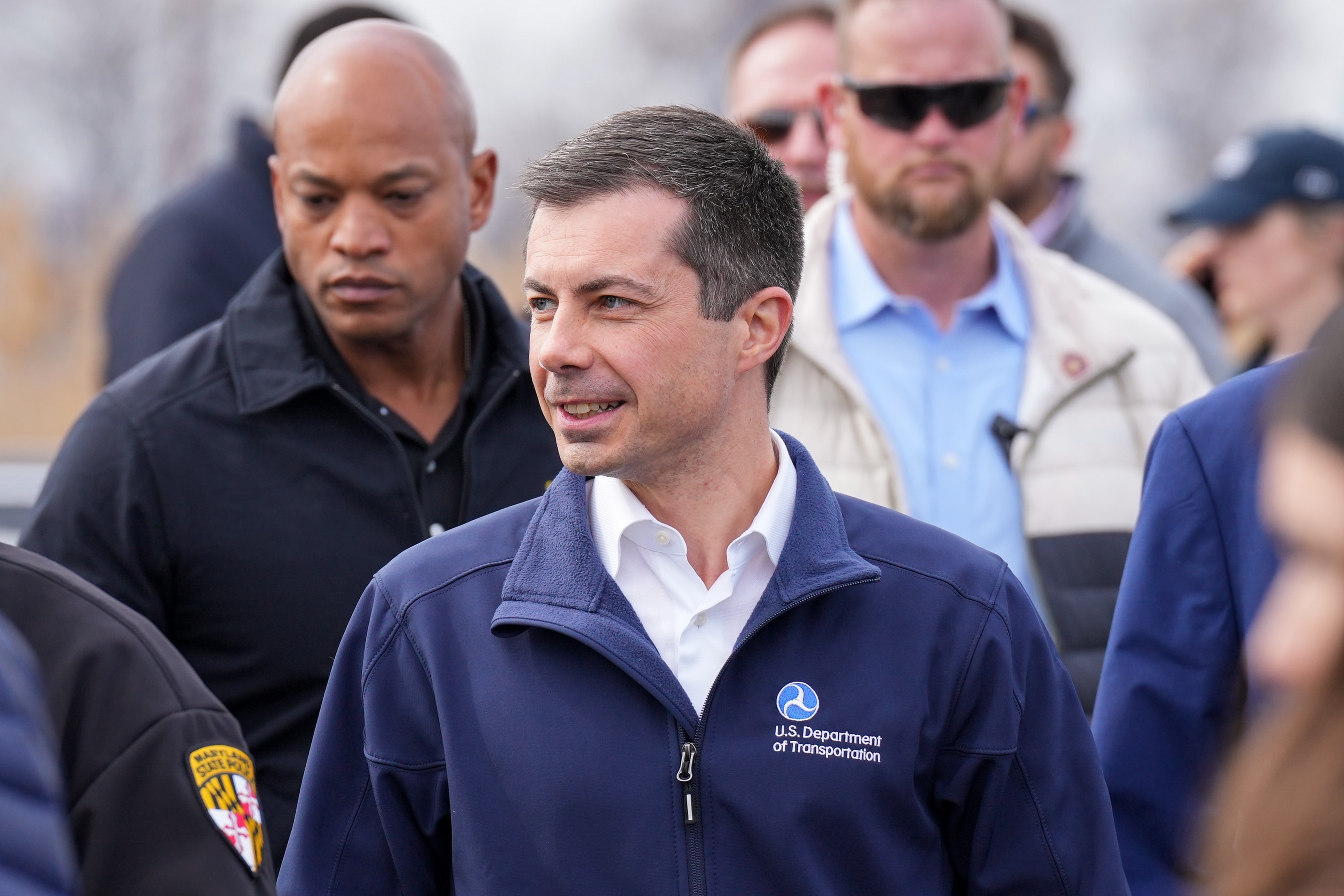 U.S. Secretary of Transportation Pete Buttigieg at a news conference in Dundalk after a cargo ship crashed into the Francis Scott Key bridge early Tuesday, March 26, 2024.