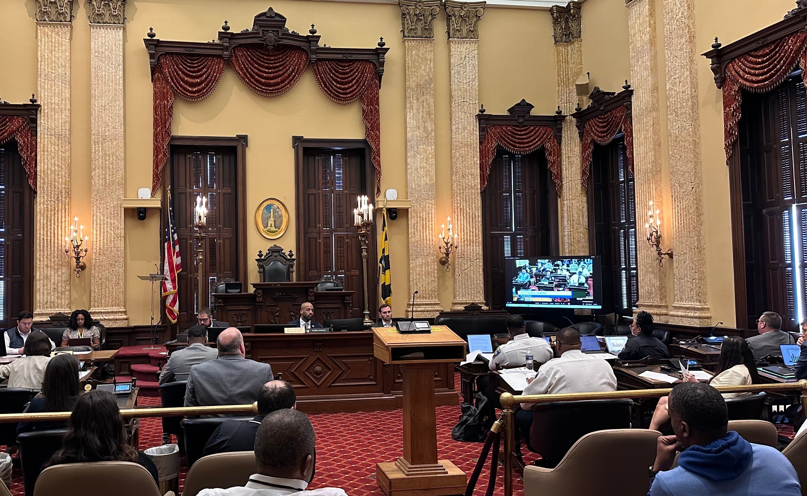 Baltimore City Council members ask leaders from the mayor's office and the police department for their plans to fight open-air drug trafficking in city neighborhoods during a public safety committee hearing on March 11, 2025.