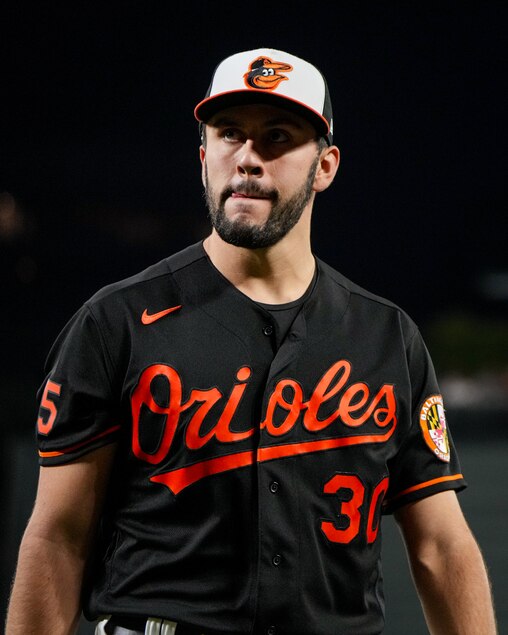 Baltimore Orioles starting pitcher Grayson Rodriguez (30) returns to the dugout after pitching in the fourth inning of a baseball game against the Washington Nationals on Wednesday, September 27, 2023.