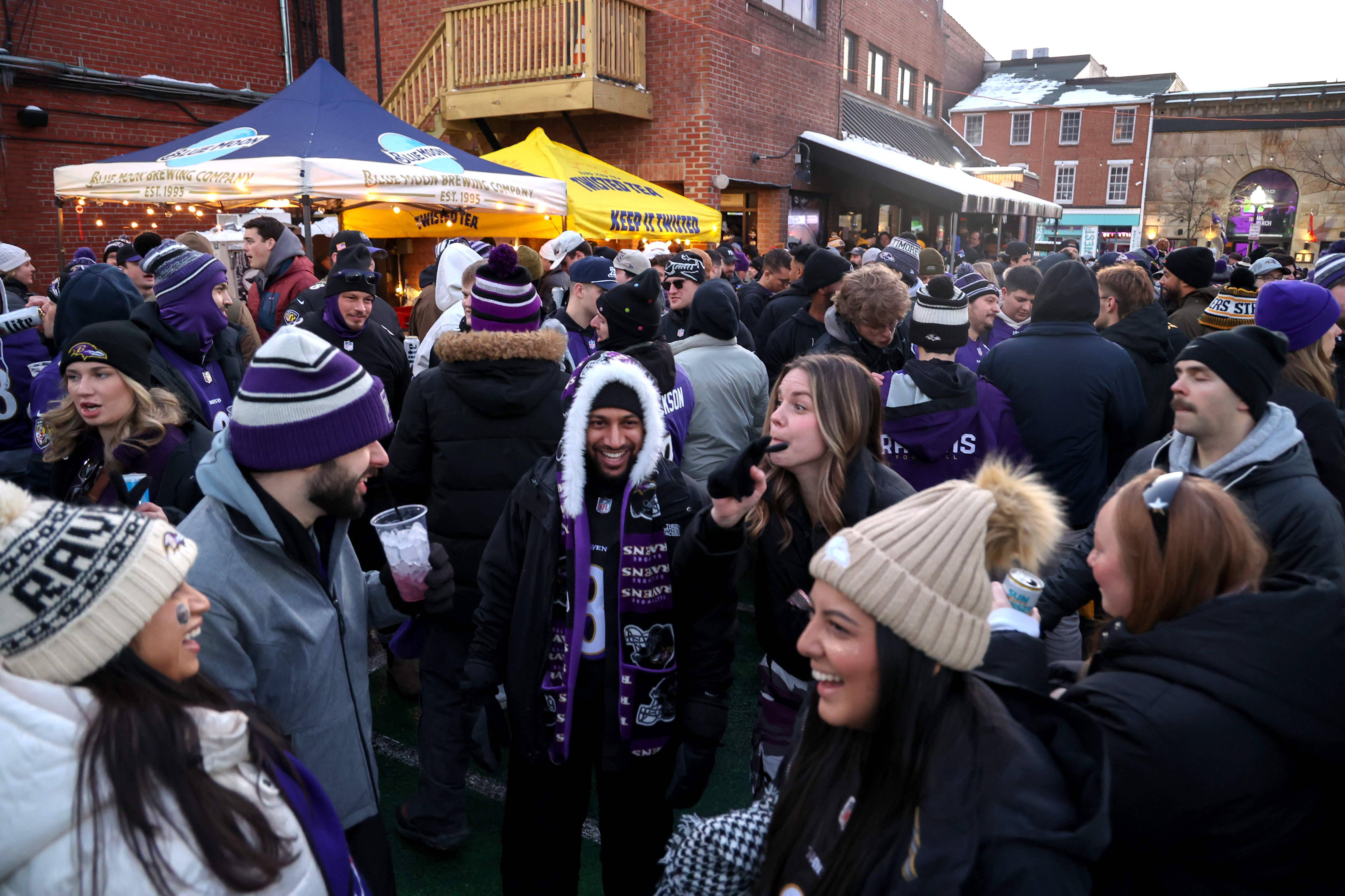 Crowds gather to tailgate before the evening’s Raven’s game at Mother’s Federal Hill Grille on Saturday, January 11, 2025.