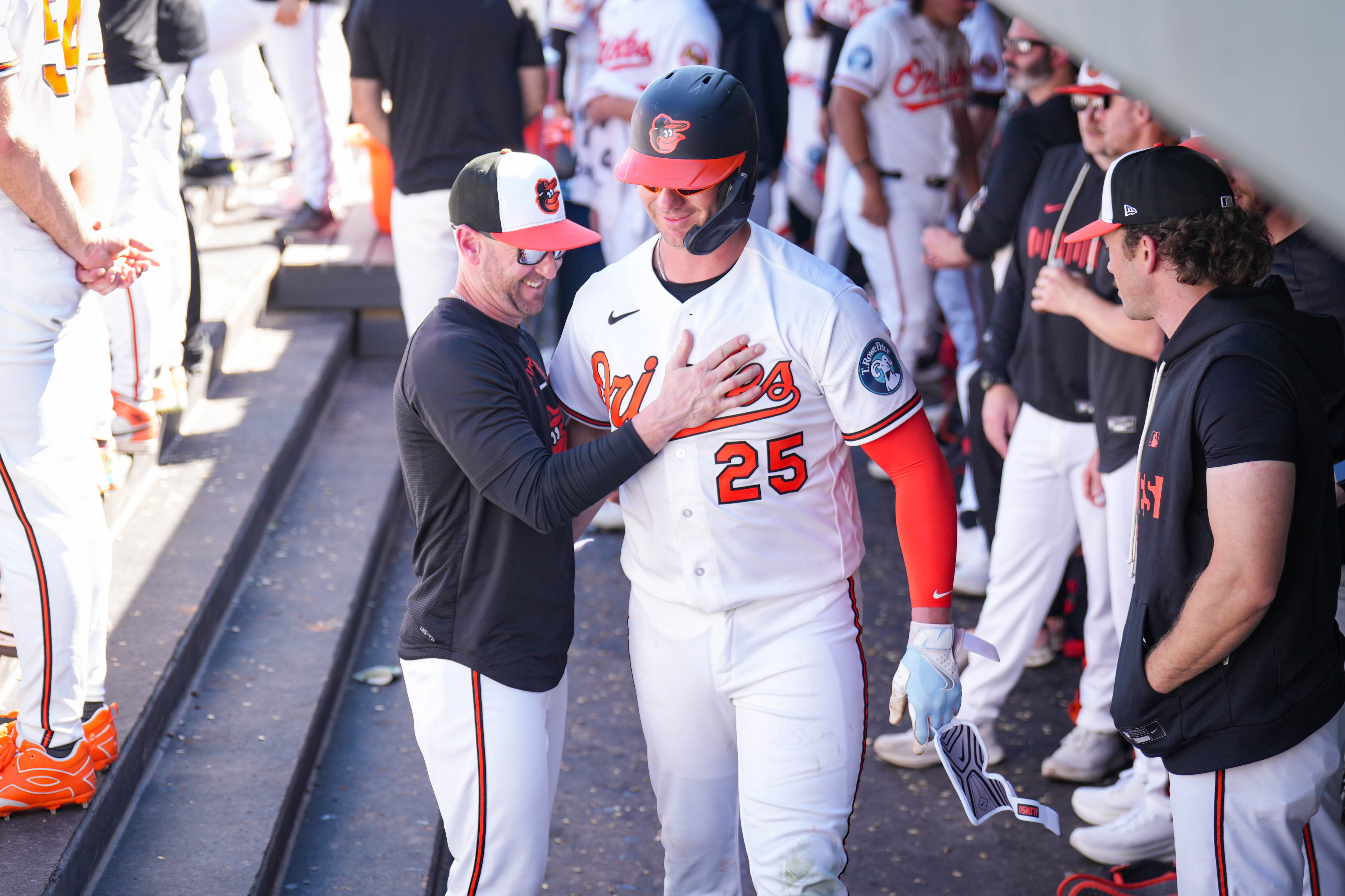 Baltimore Orioles first baseman Pete Alonso celebrates with manager Craig Albernaz after homering Friday during the Orioles’ 2-0 win over the Yankees to start spring training play. 