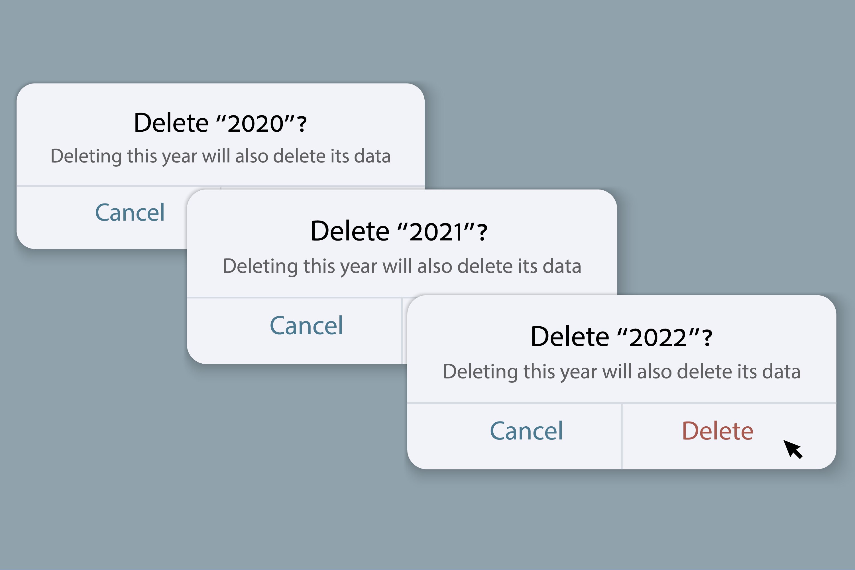 Illustration of a computer prompt to delete 2020, 2021 and 2022.