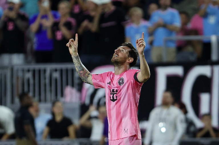 Inter Miami CF forward Lionel Messi celebrates after scoring the team's second goal during the 2025 MLS Cup Playoff match between Inter Miami CF and Nashville SC on Nov. 8.